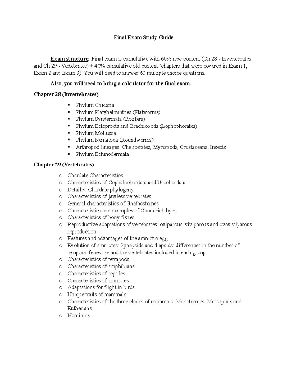 Final Exam Study Guide - Final Exam Study Guide Exam structure: Final ...