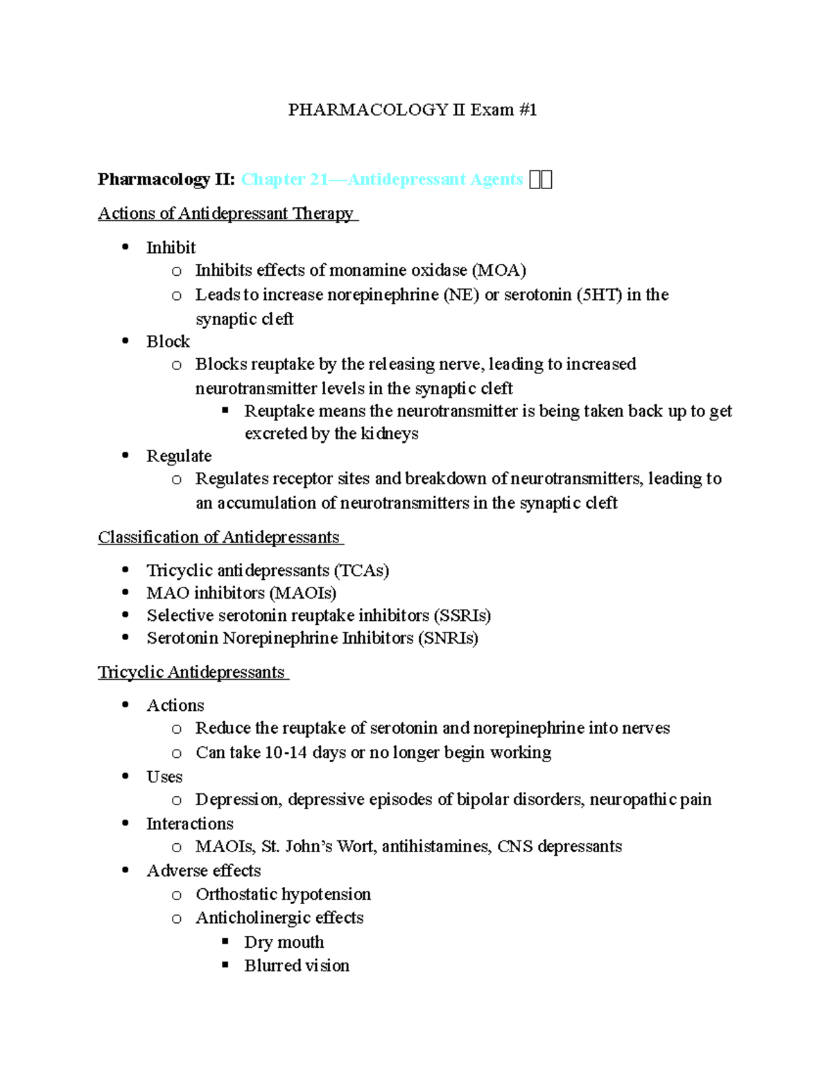 Pharm II Exam 1 Notes - PHARMACOLOGY II Exam # Pharmacology II: Chapter ...