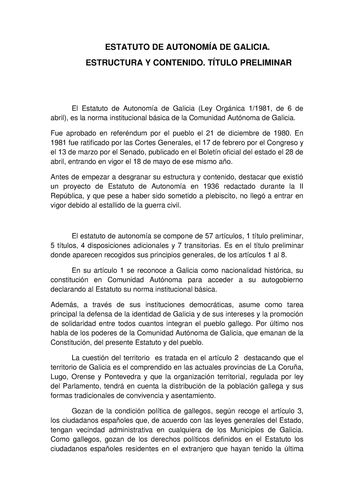 3. Estatuto DE Autonomía DE Galicia. Estructura Y Contenido. Título ...