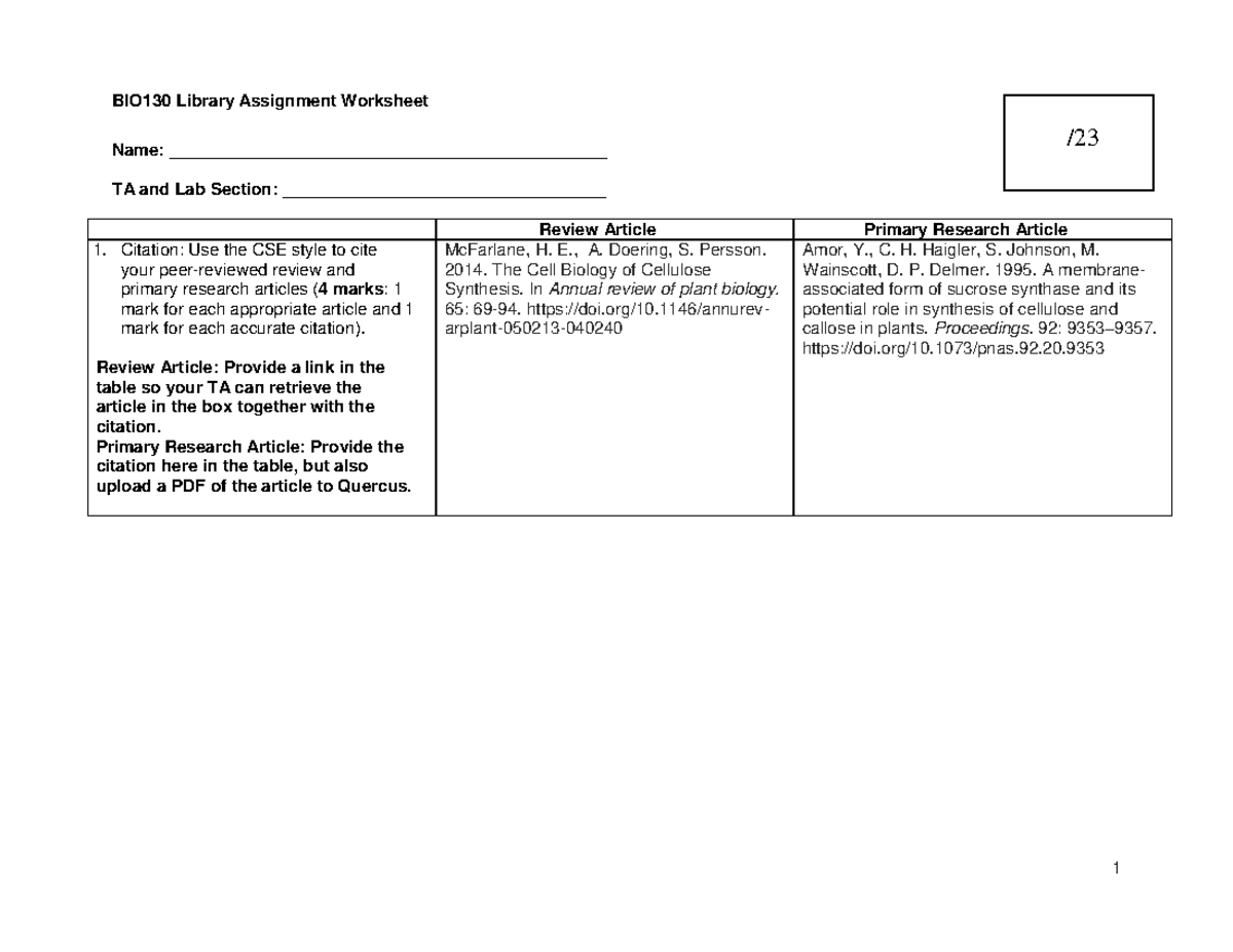 BIO130 Library Assignment Worksheet 2024 - BIO130 Library Assignment ...