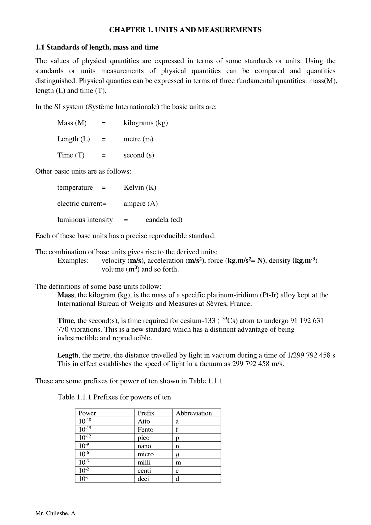 Chapter 1 Units And Measurements - CHAPTER 1. UNITS AND MEASUREMENTS 1 ...