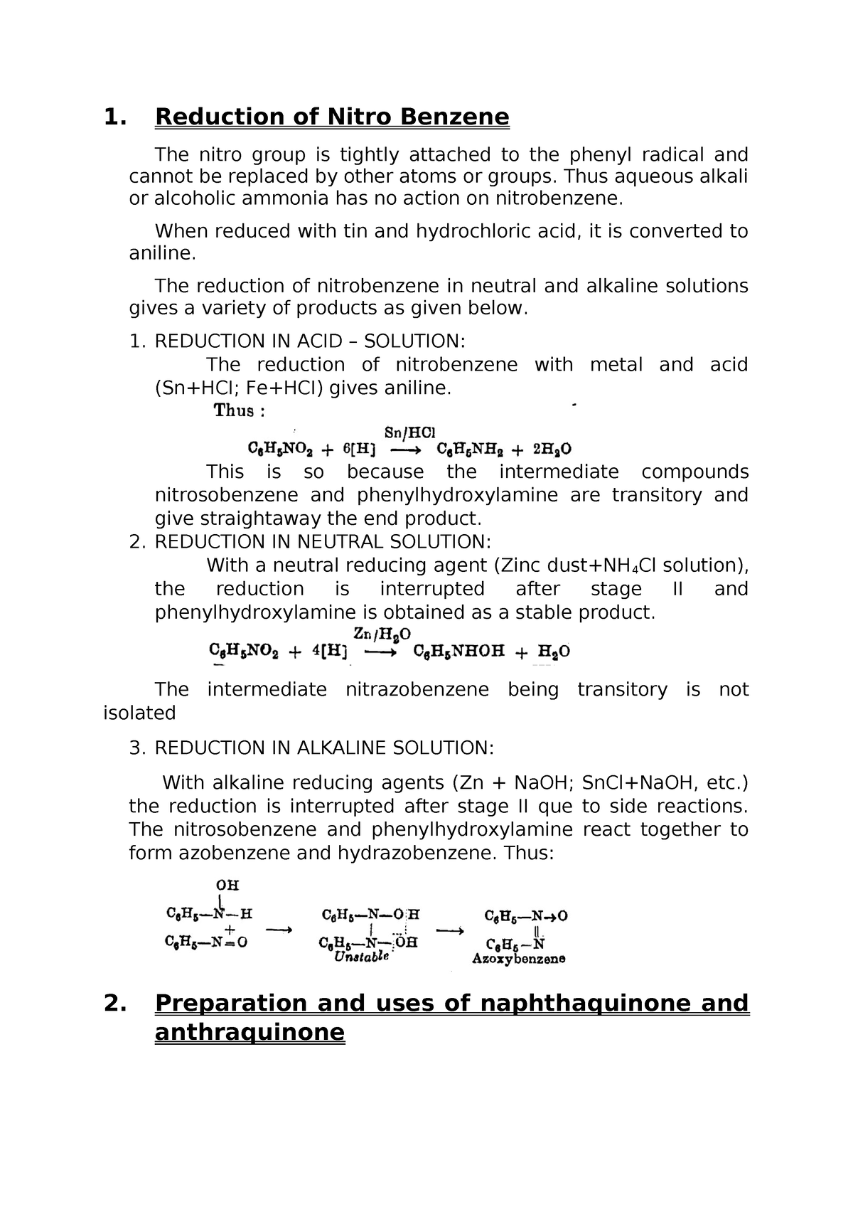 Notes B. Sc Chemistry organic II - 1. Reduction of Nitro Benzene The ...