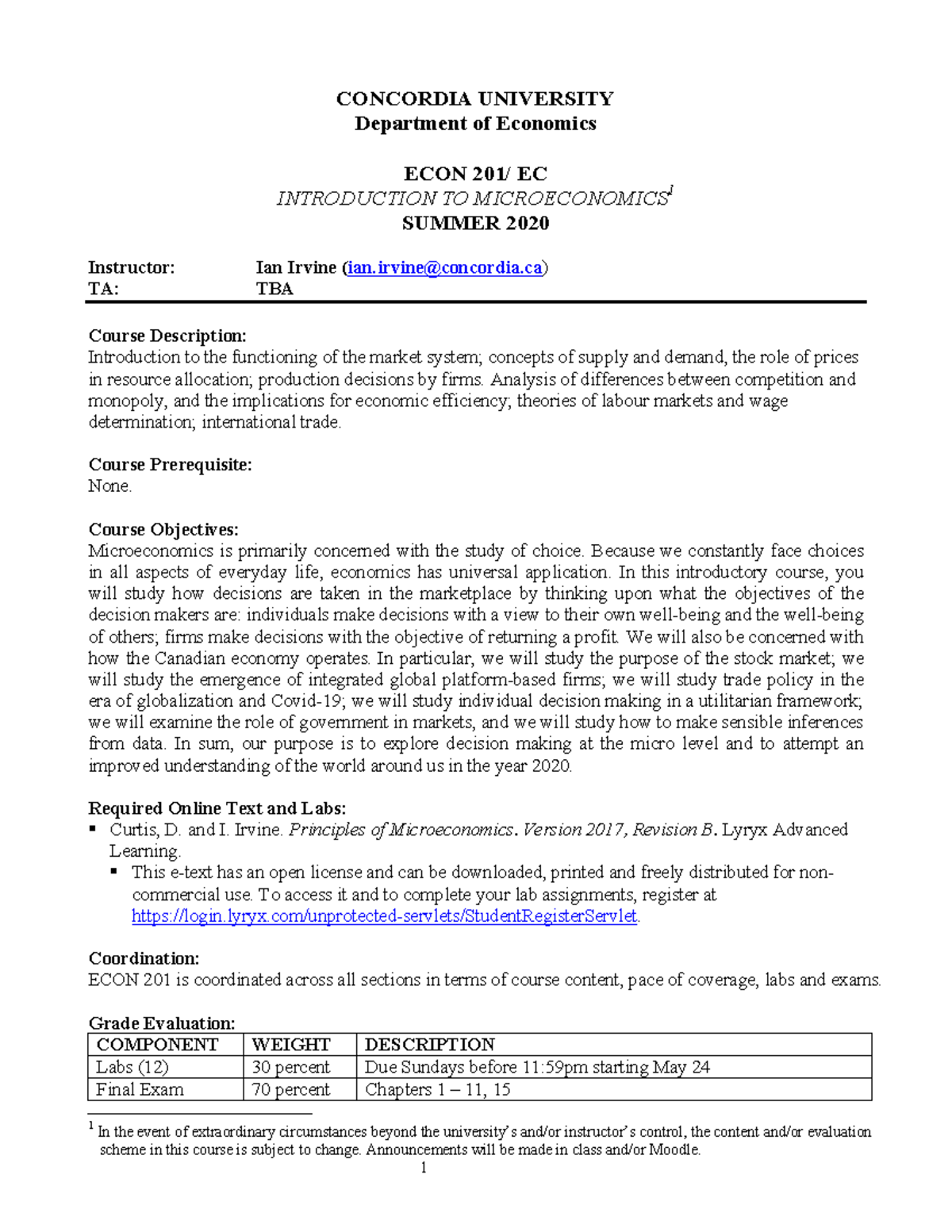 Microeconomics Course Outline - CONCORDIA UNIVERSITY Department Of ...