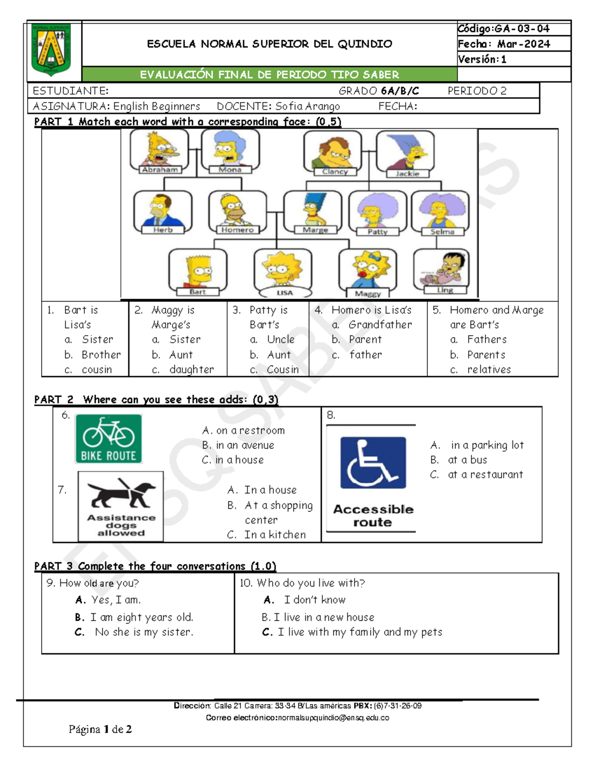 BEGINNERS ENGLISH TEST FOR YOUNG LEARNERS VOCABULARY, GRAMMAR, READING ...