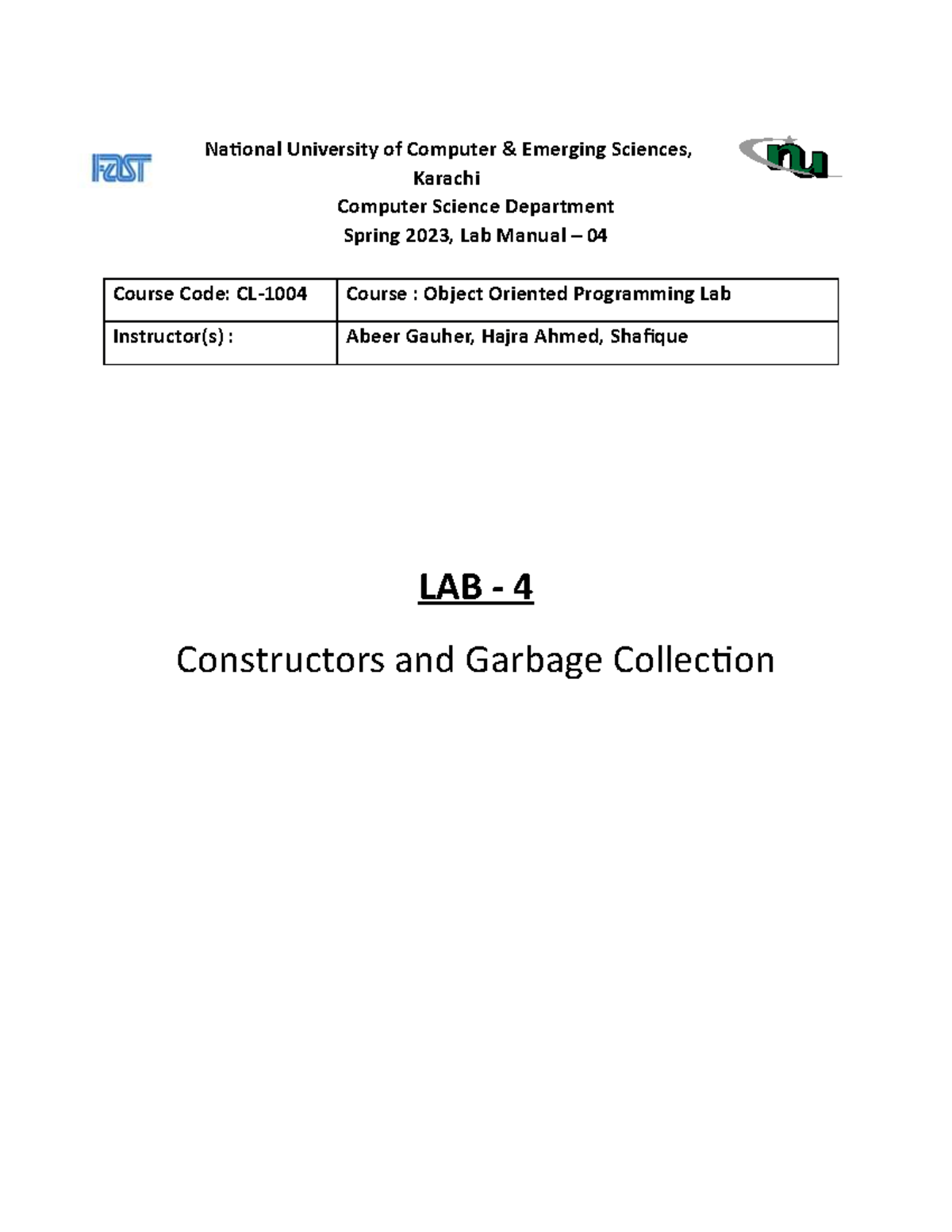 Lab 4 Constructors and Memory Mgmt - National University of Computer ...