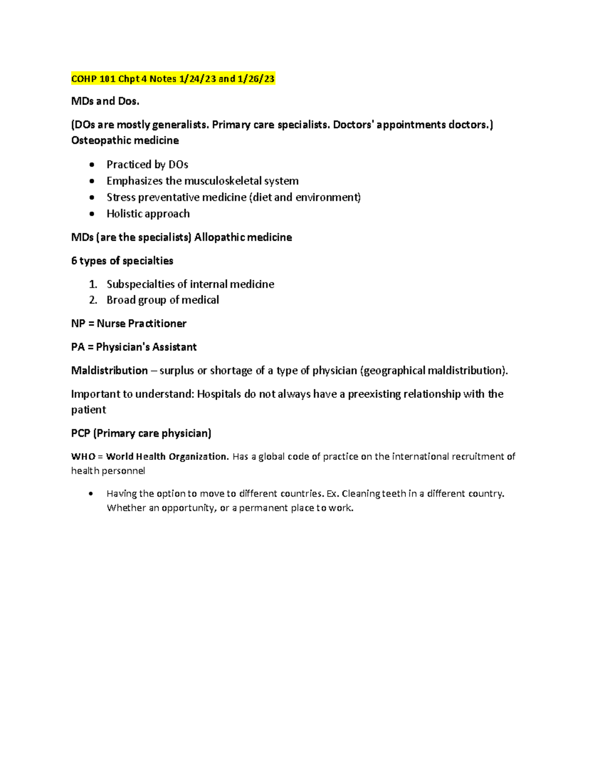COHP 101 Chpt 4 Notes - COHP 101 The U.S Health Care System. Professor ...