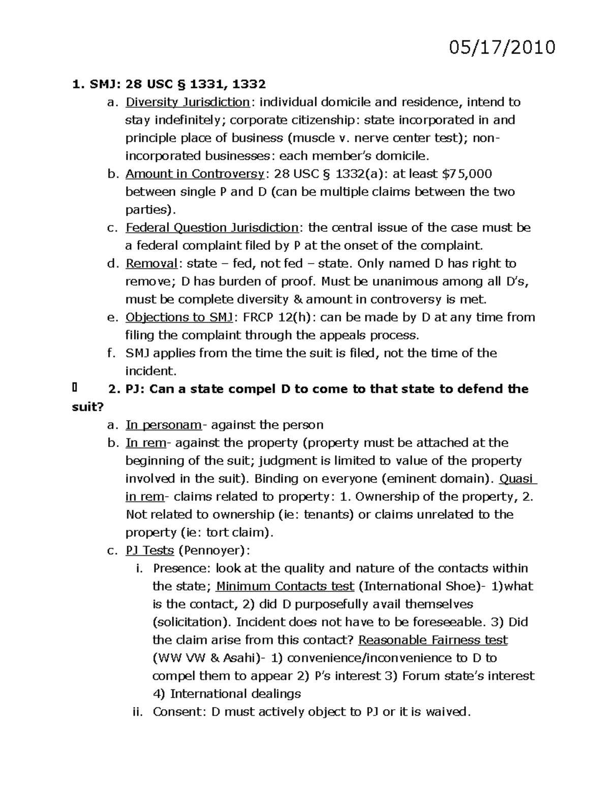 01CIV PRO - Outline - 05/17/ 1. SMJ: 28 USC § 1331, 1332 a. Diversity ...