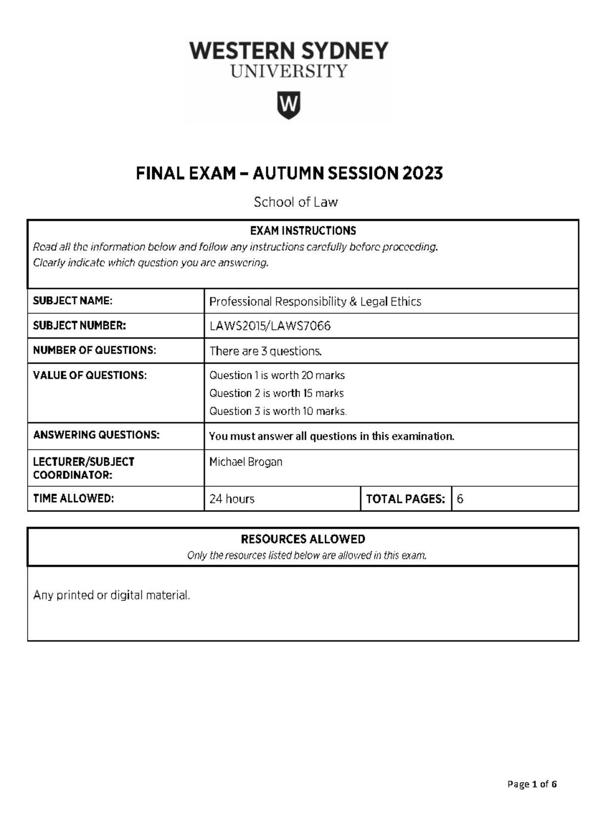 Past Exam paper-Autumn 2023 - You must answer all questions in this ...