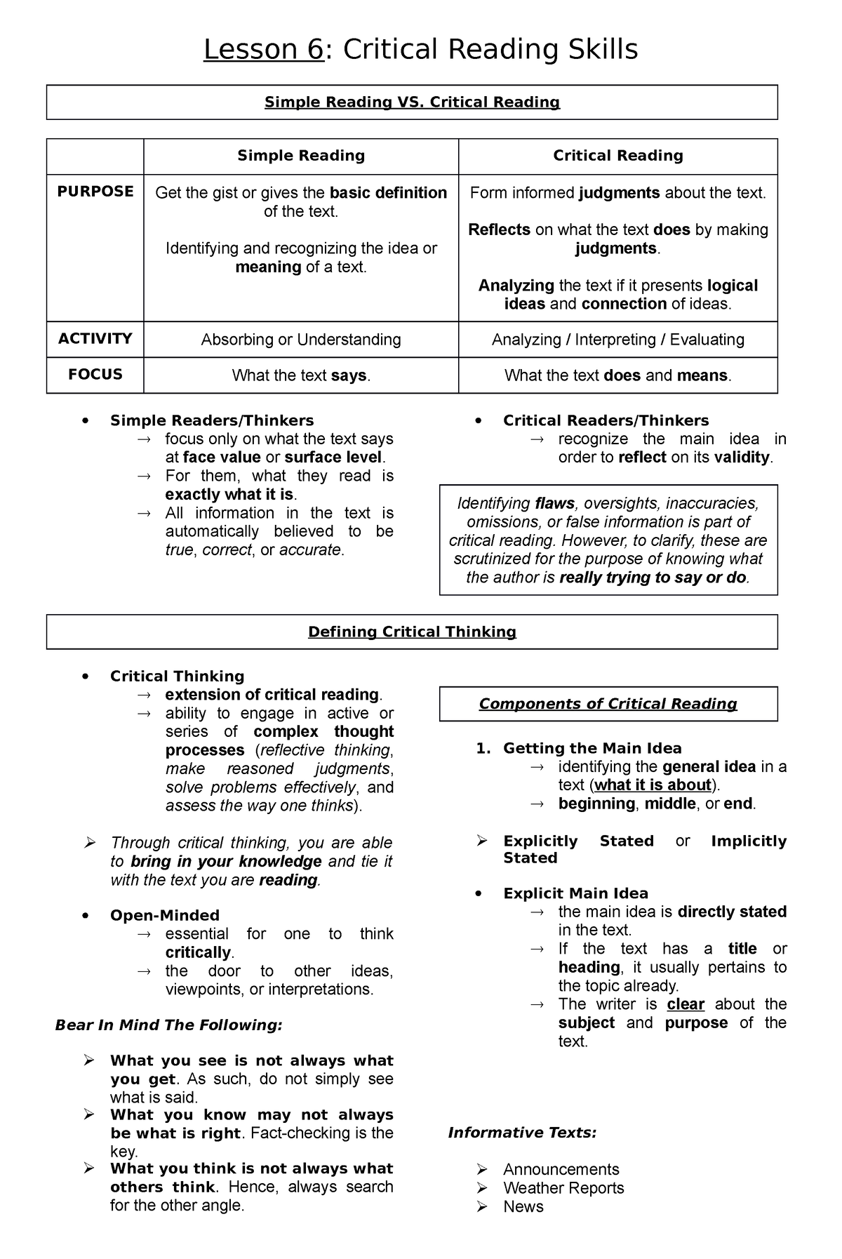 Yess - Literature - Lesson 6: Critical Reading Skills Simple Reading VS ...