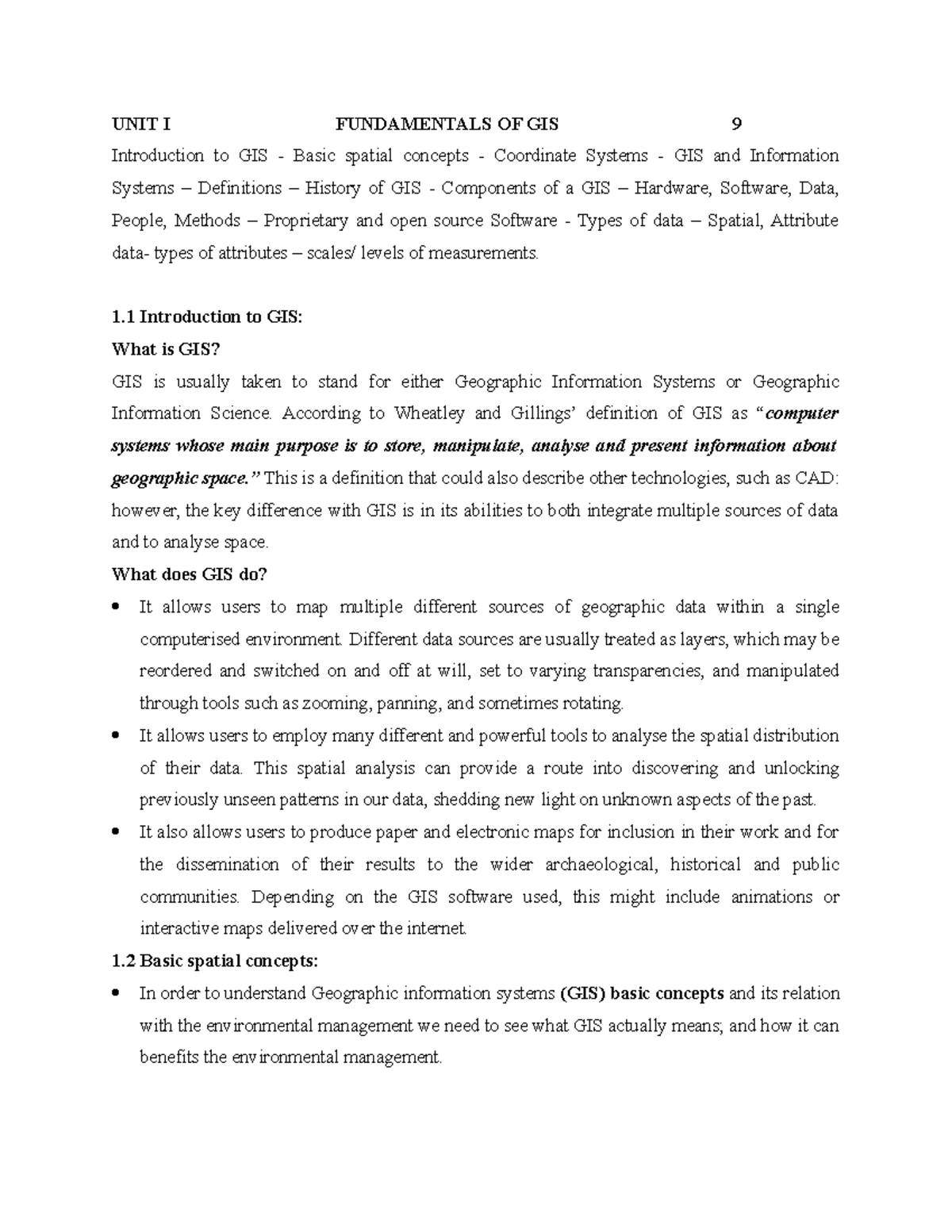 Unit I - notes - UNIT I FUNDAMENTALS OF GIS 9 Introduction to GIS ...