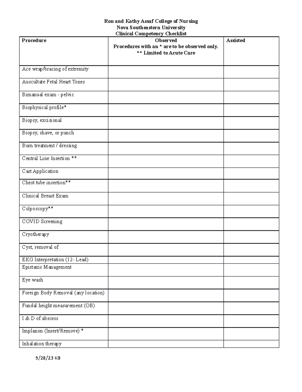 Clinical Competency Checklist 10 - Nova Southeastern University ...