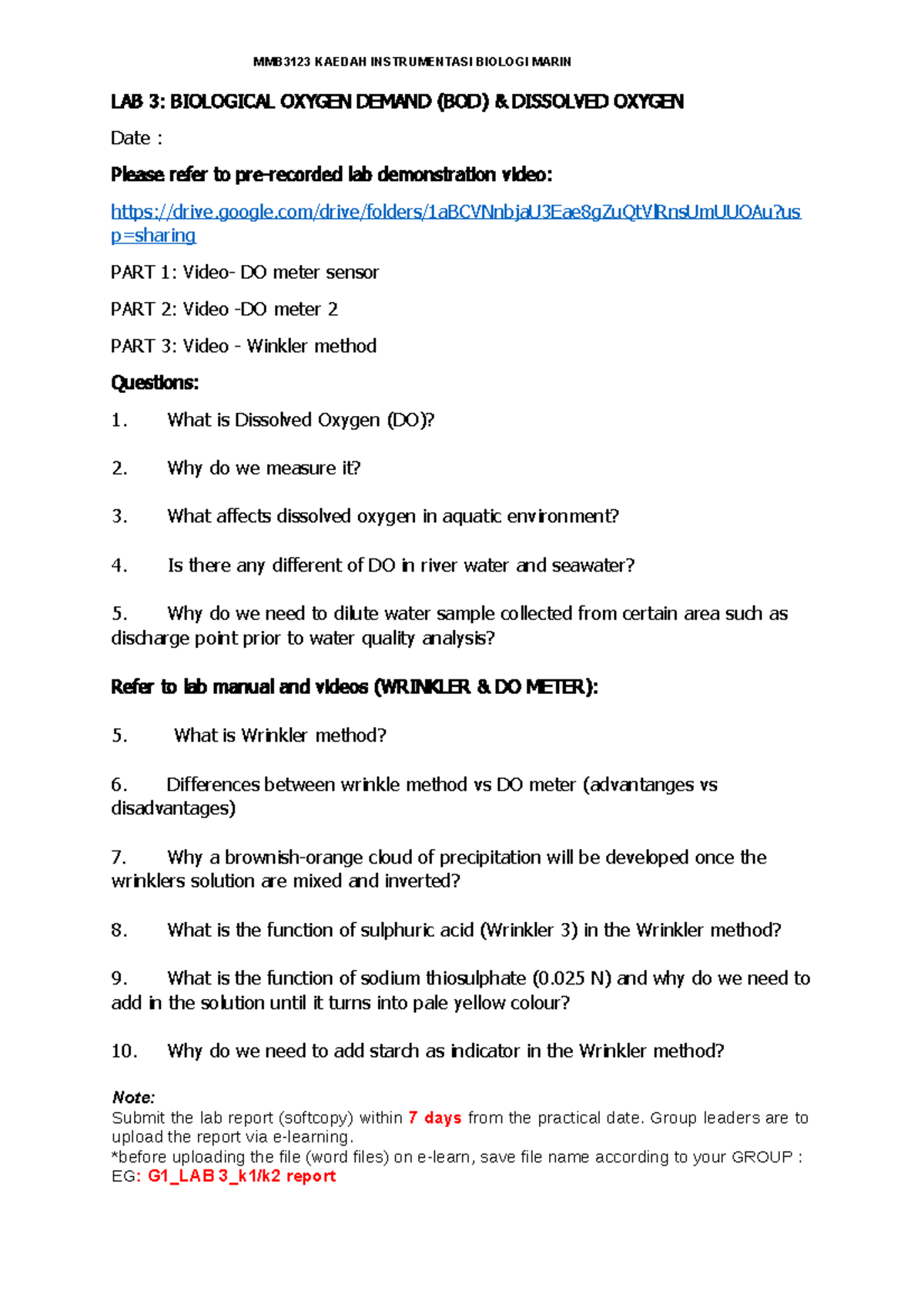 MMB3123 Practical 3 BOD And Dissolved Oxygen SEM 1 2022 23 - LAB 3 ...