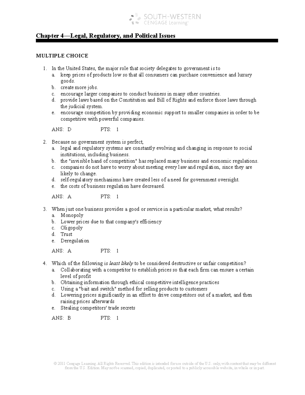 Test Bank 3 in CSR - Chapter 4—Legal, Regulatory, and Political Issues ...