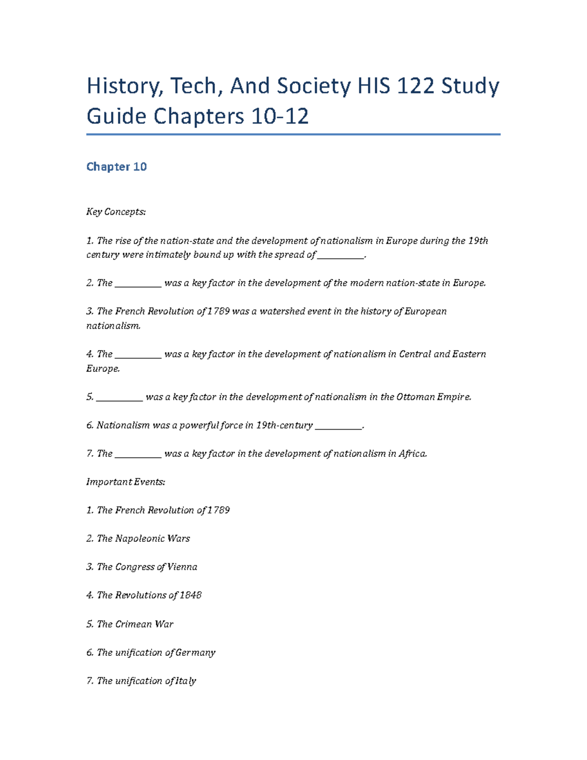 History, Tech, And Society HIS 122 Study Guide Chapters 10-12 - The ...