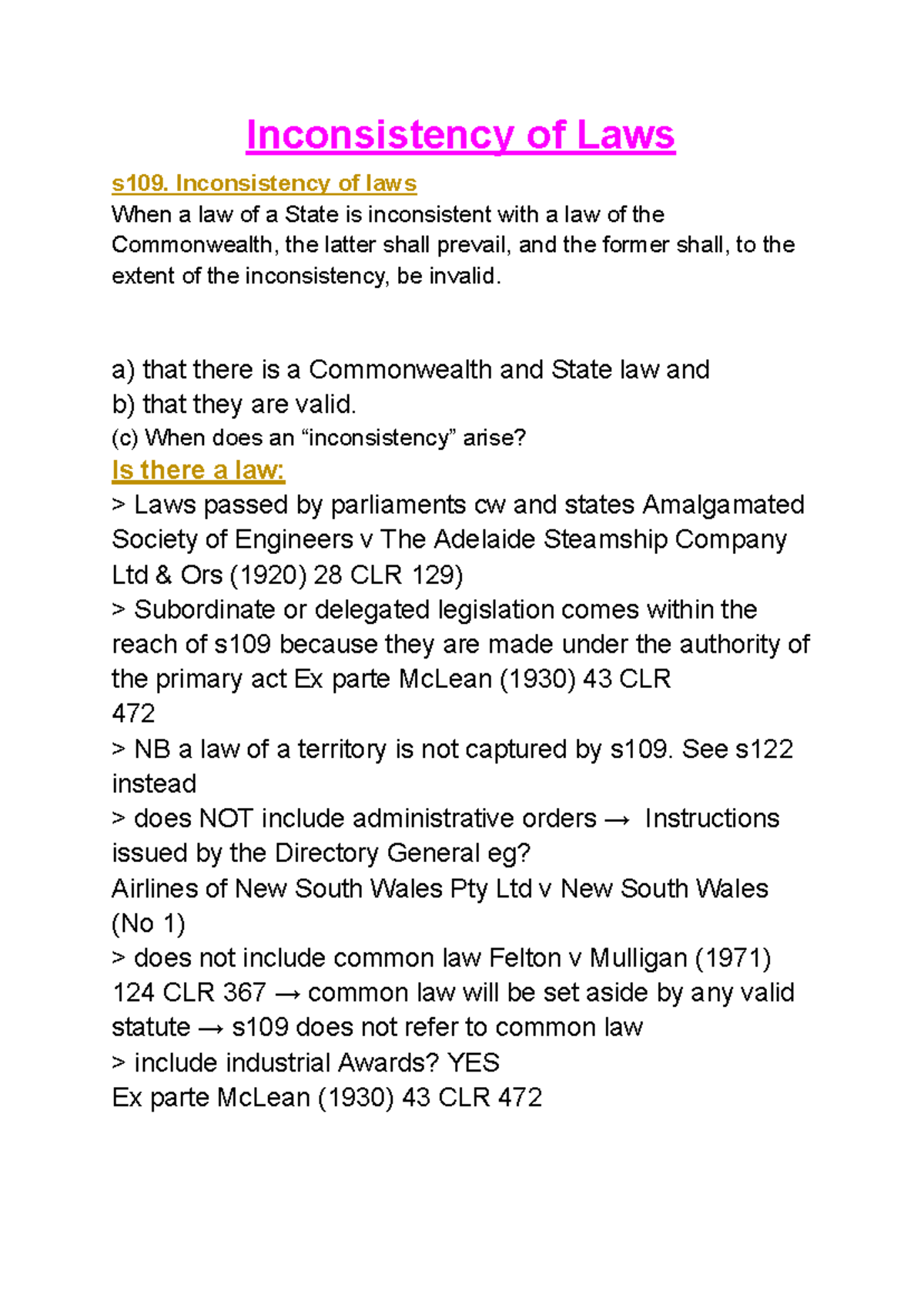 WEEK 8 Inconsistency of Law - Inconsistency of Laws s109. Inconsistency ...