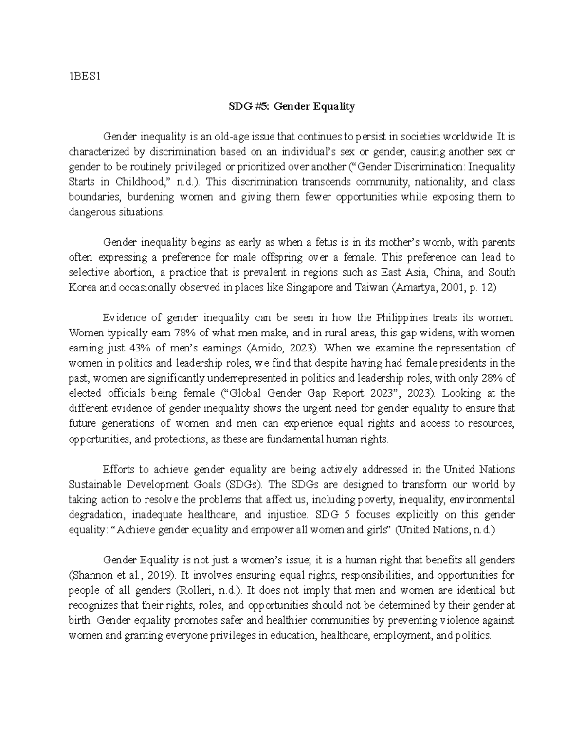 Position Paper - 1bes Sdg #5: Gender Equality Gender Inequality Is An 