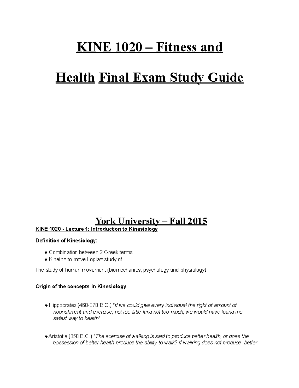 AA) KINE1020 Final - 33e3 - KINE 1020 – Fitness and Health Final Exam ...