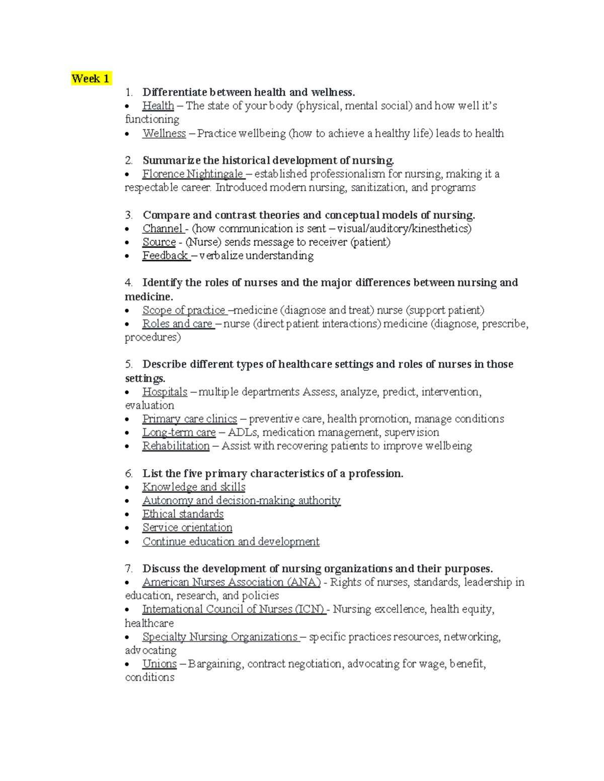 Midterm Study Guide - Week 1 1. Differentiate between health and ...