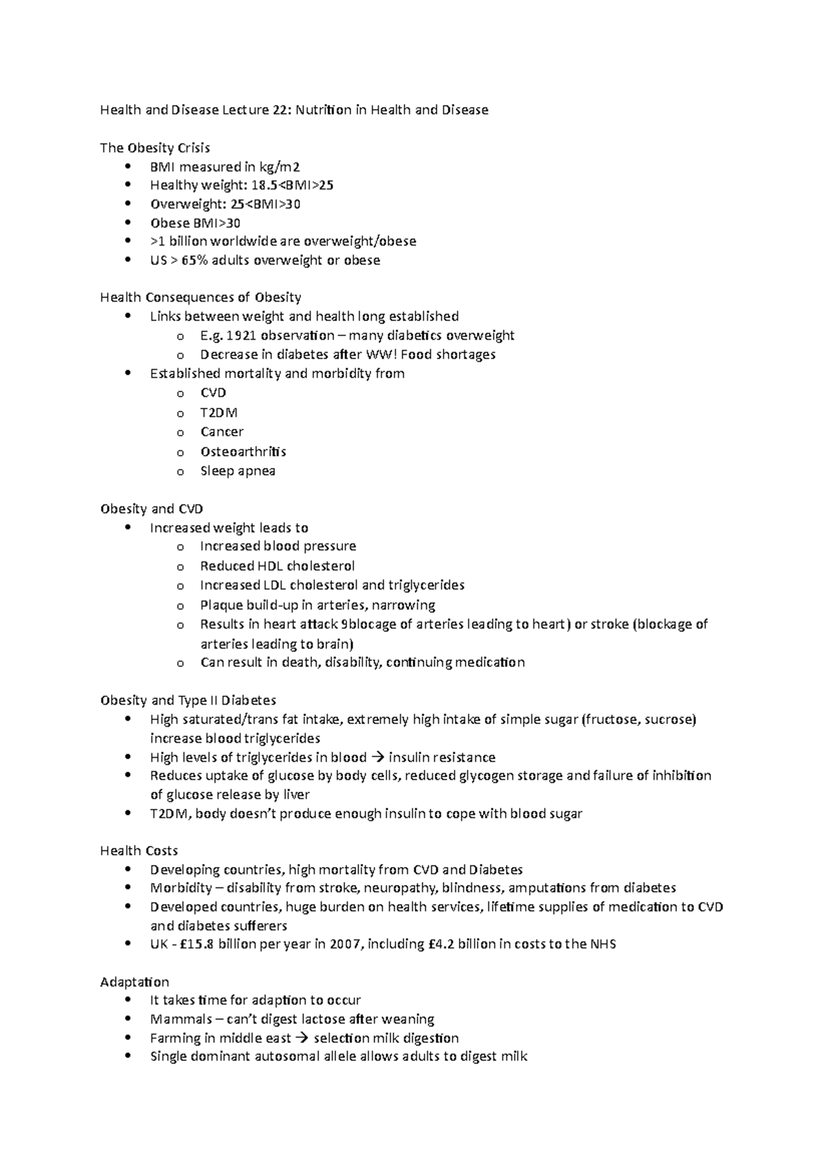 Lecture 22 Notes - Nutrition In Health And Disease - Health And Disease ...