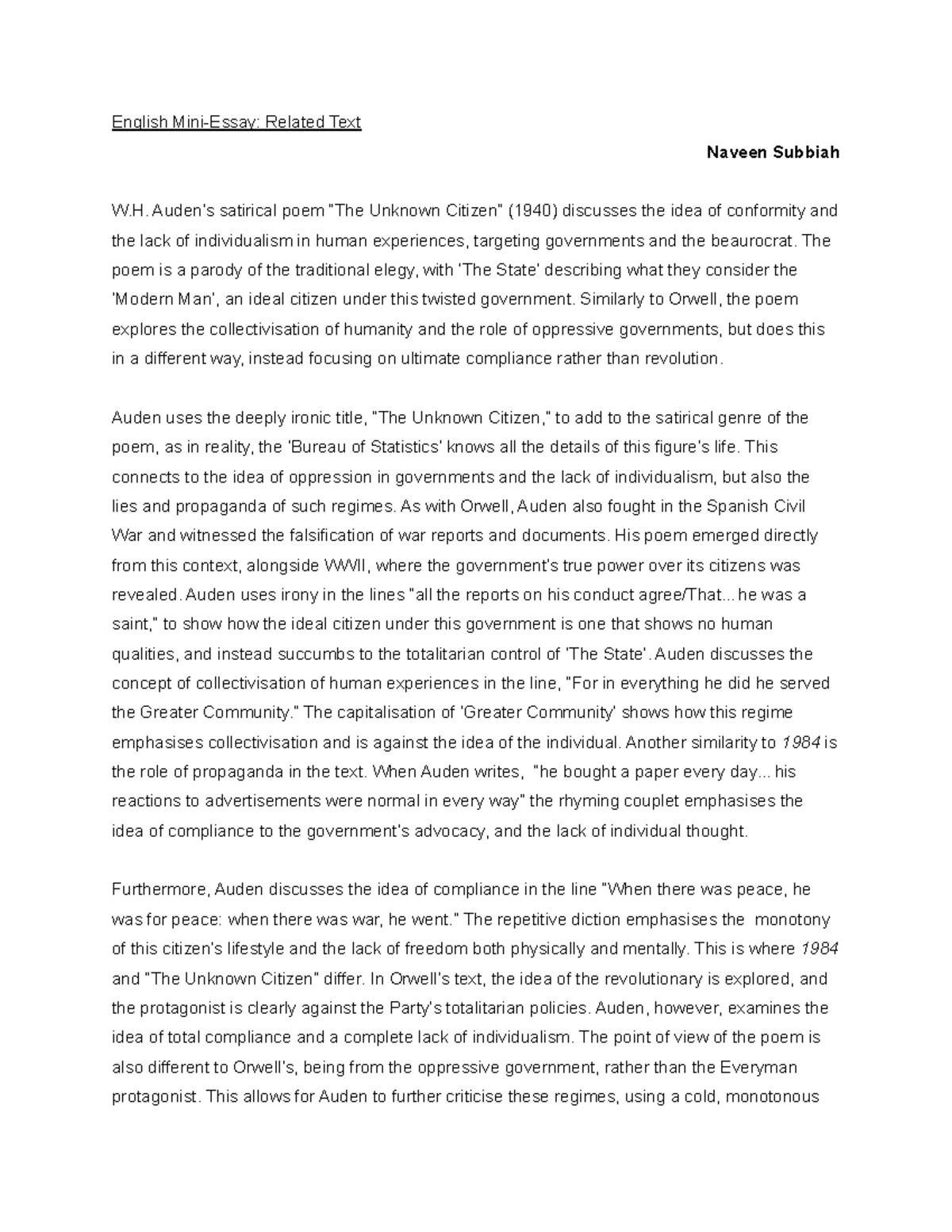 English Essay 2 - Unkown Citizen Analysis - English Mini-Essay: Related ...