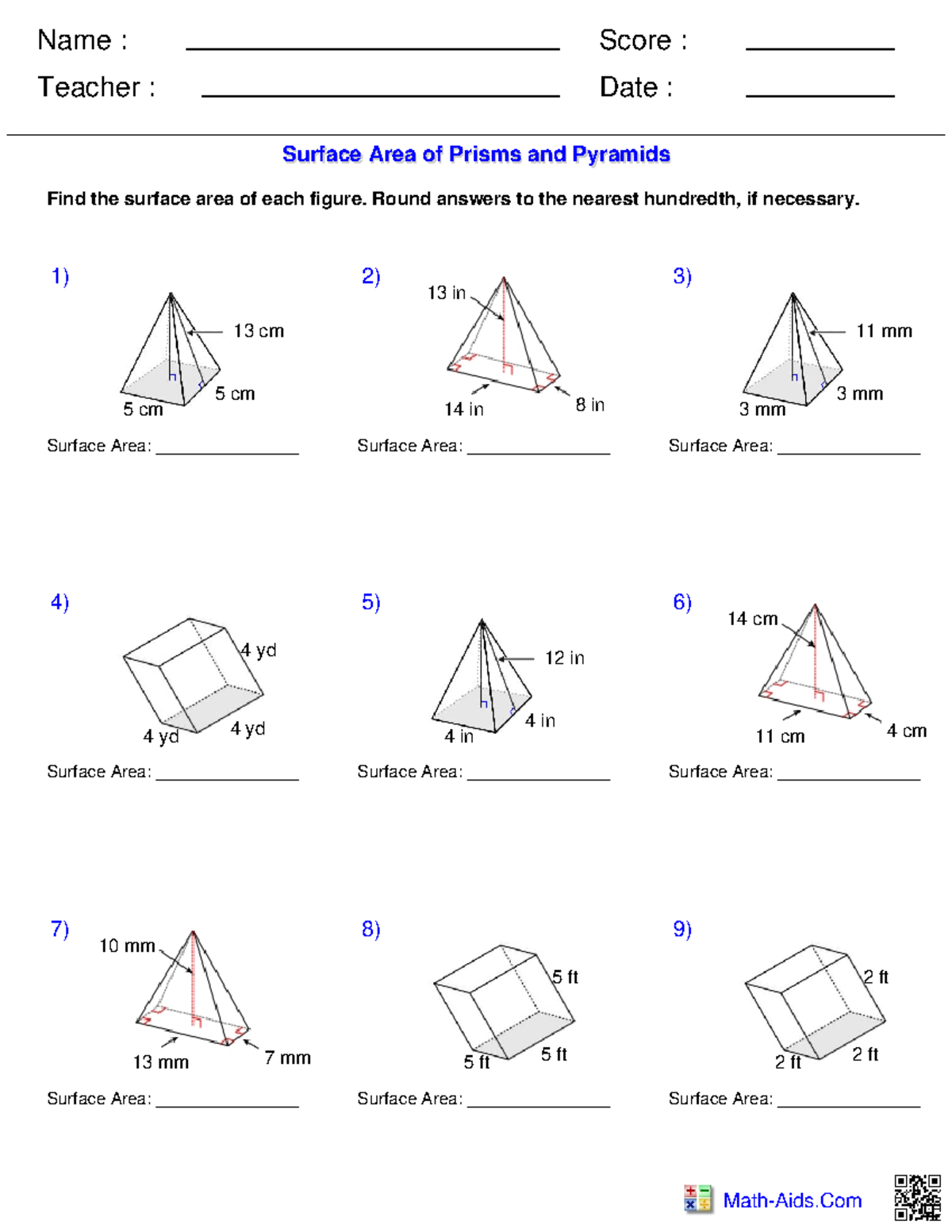 Geometry surf Pris Pyr - ejercicios - Name : Teacher : Date : Score ...