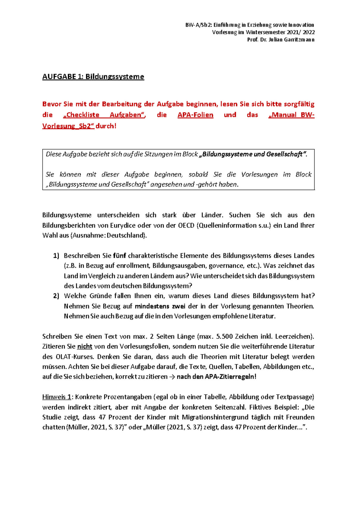 BWA SB 2 Aufgabenstellung Der 1. Aufgabe Wi Se 2021-2022 - BW-A/Sb2 ...