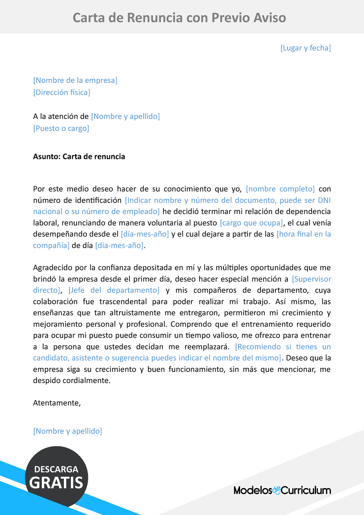 29 Modelo De Carta De Renuncia Con Preaviso Lugar Y Fecha Nombre De La Empresa Dirección 3030