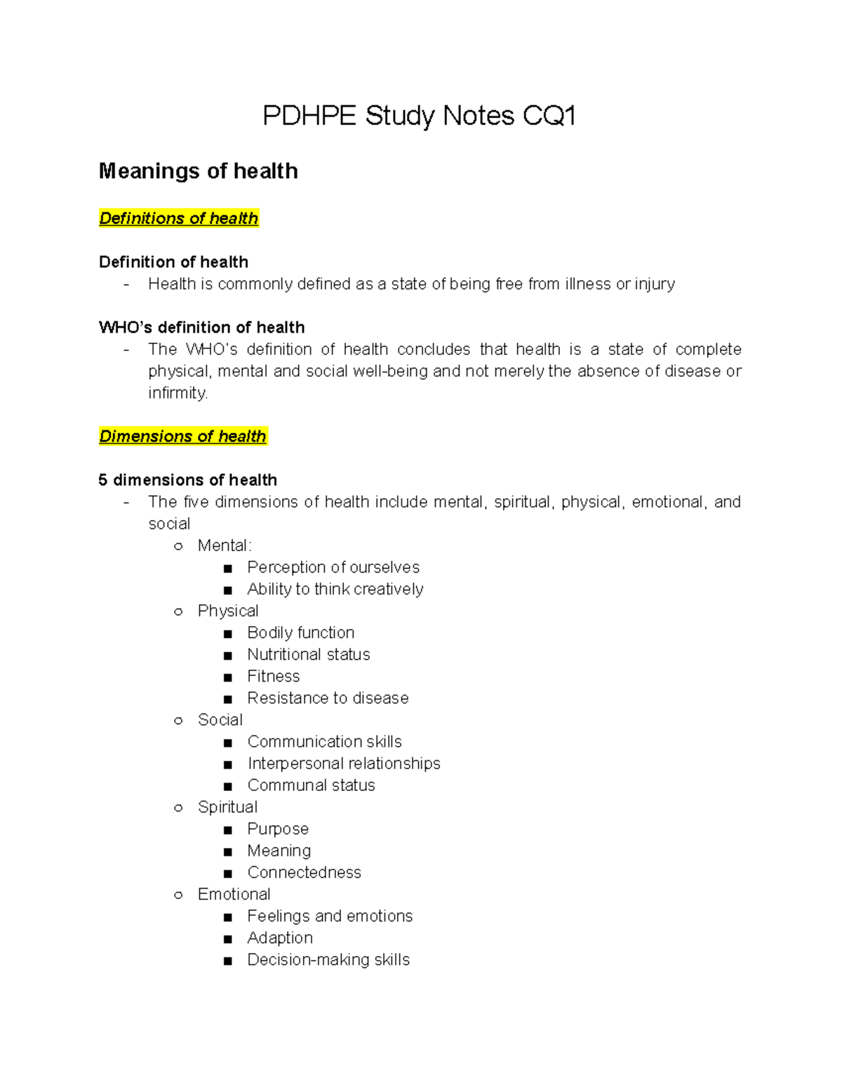 Pdhpe Study Notes CQ1 - Dgd - PDHPE Study Notes CQ Meanings Of Health ...