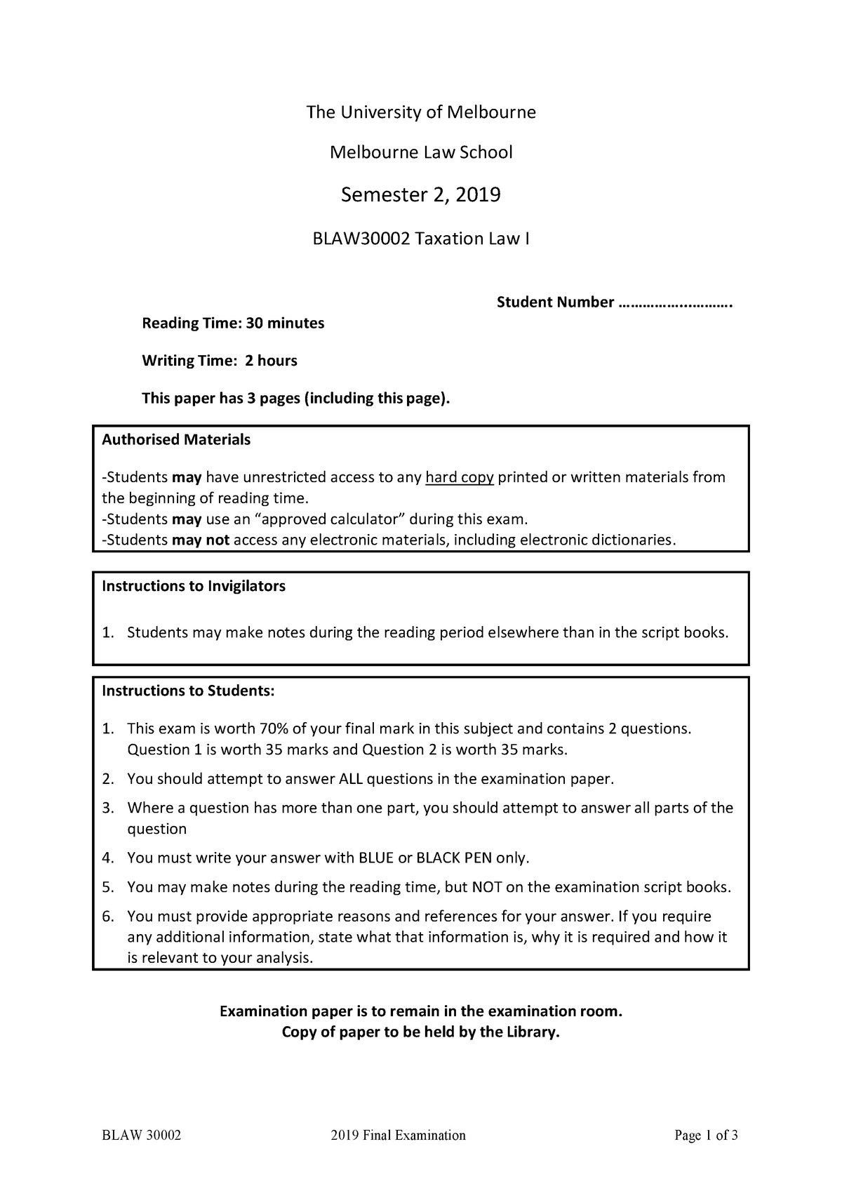 2019 Taxation Law 1 Exam - BLAW 30002 2019 Final Examination Page 1 Of ...