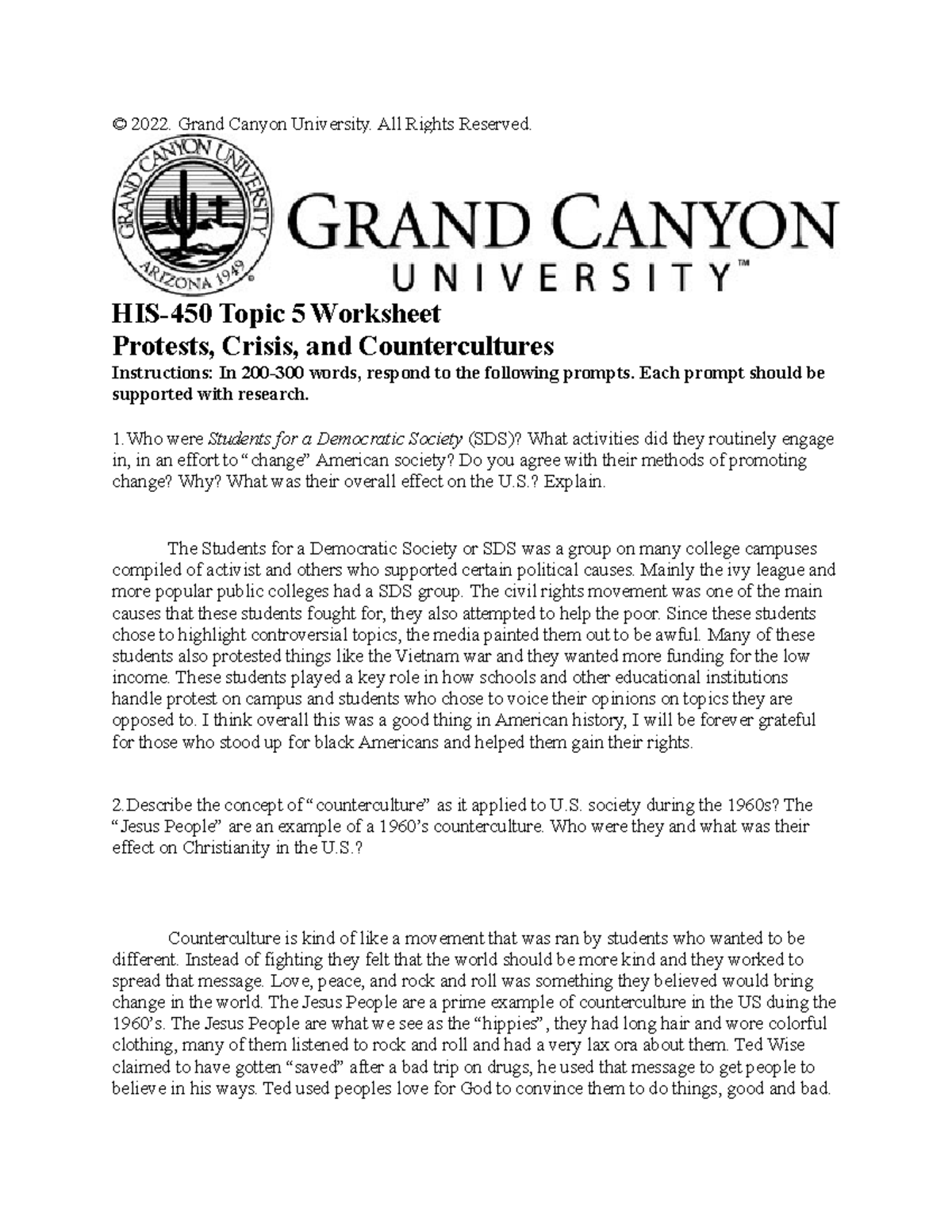 HIs week 5 - week 5 worksheet - © 2022. Grand Canyon University. All ...