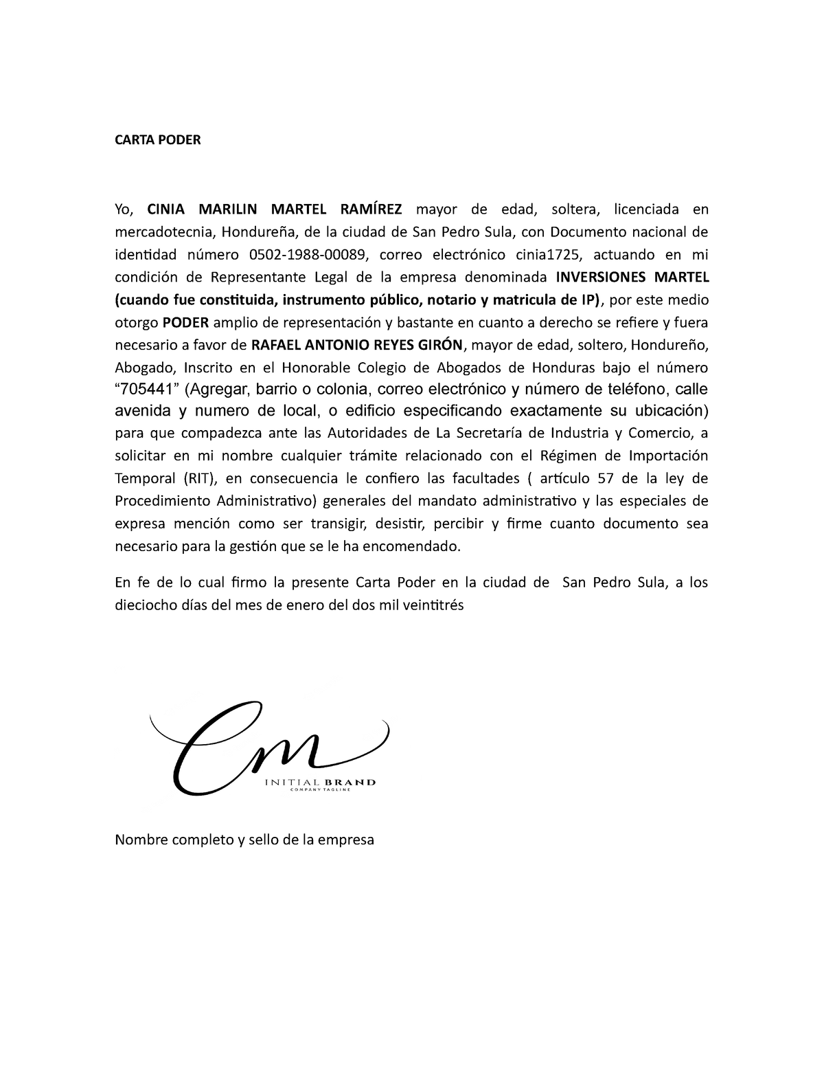 Carta Poder Practica Procesal Administrativa Carta Poder Yo Cinia Marilin Martel RamÍrez 7698