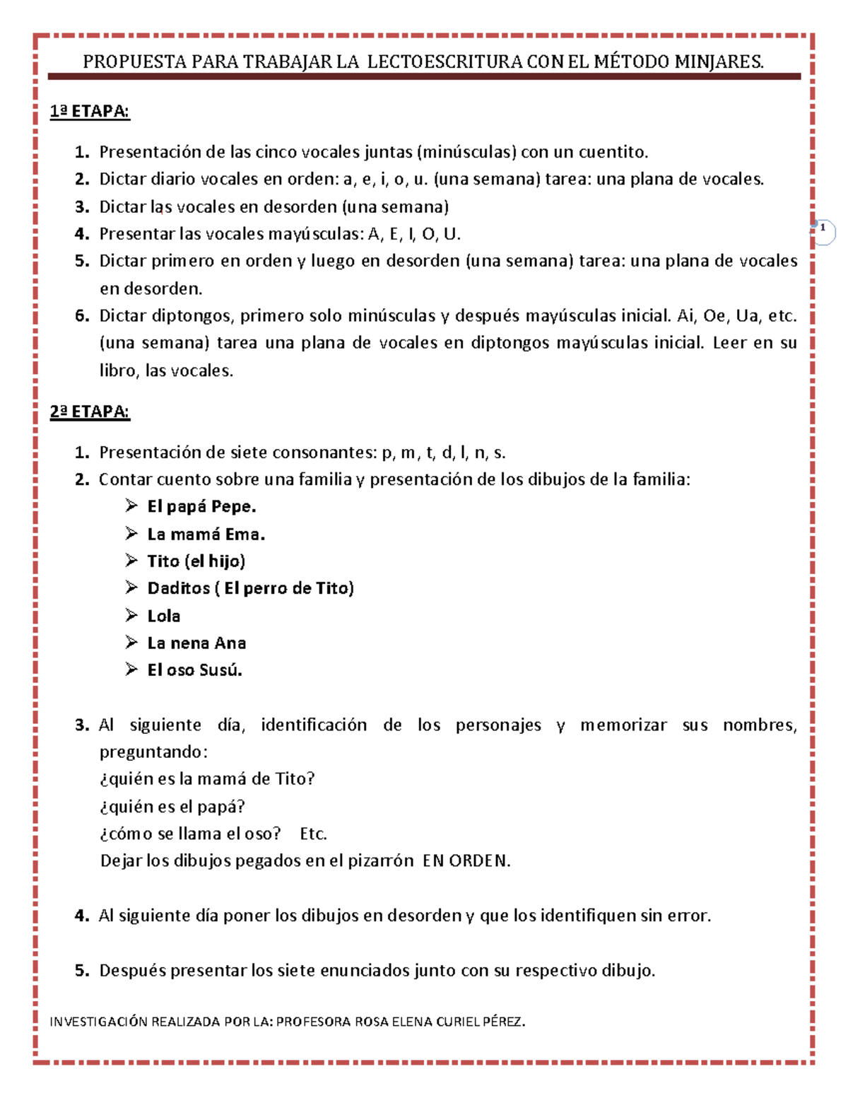 Propuesta PARA Trabajar LA Lectoescritura CON EL Método Minjares - 1 1ª ...