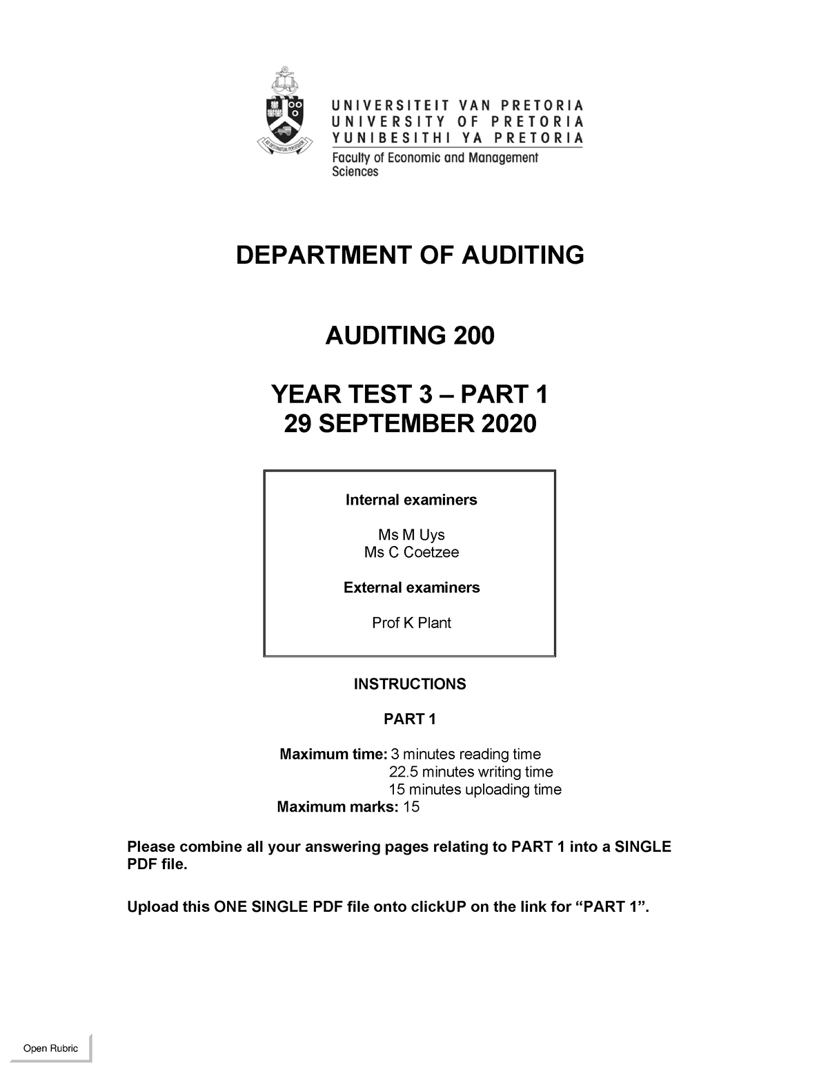 2020 Year Test 3 - DEPARTMENT OF AUDITING AUDITING 200 YEAR TEST 3 ...