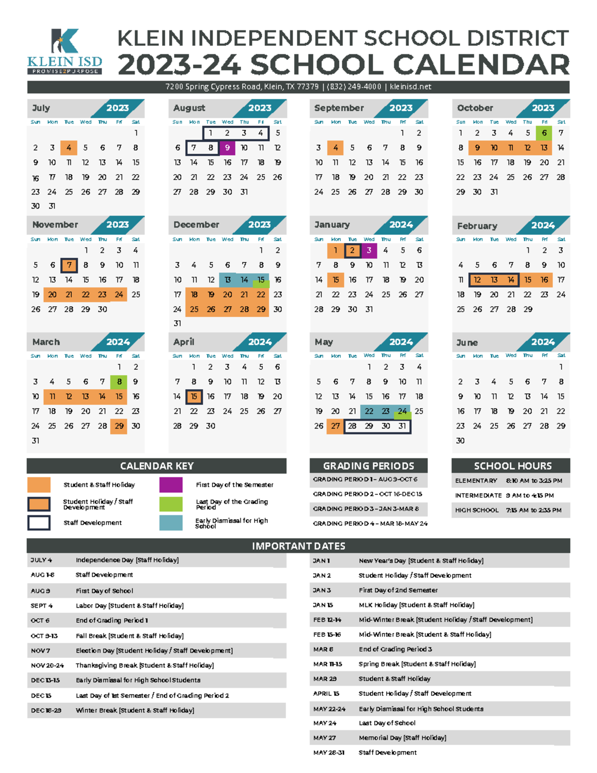 23-24Klein ISDCalendar - November December January February July August September October ELEMENTARY - Studocu
