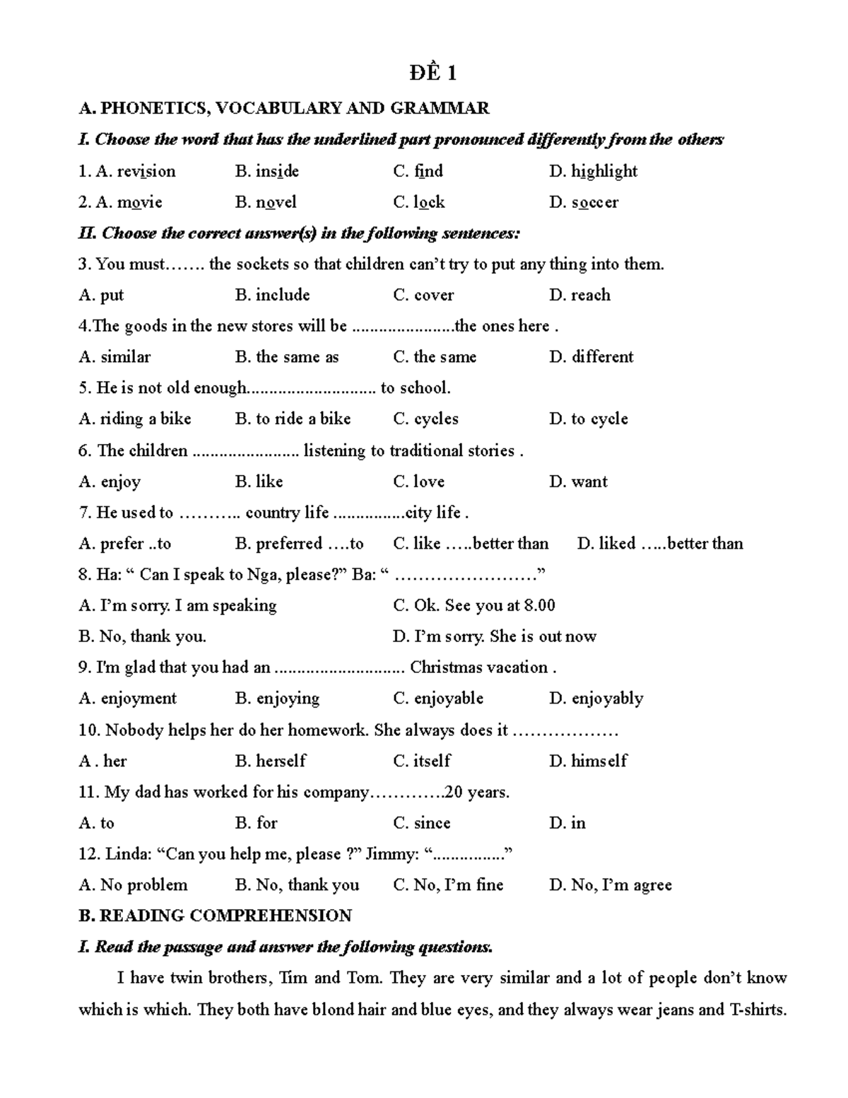 Homework 15 English Grade 8 - ĐỀ 1 A. PHONETICS, VOCABULARY AND GRAMMAR ...