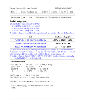 Lab 3 Prelab Assignment Submission - General Chemistry Laboratory, Chem ...