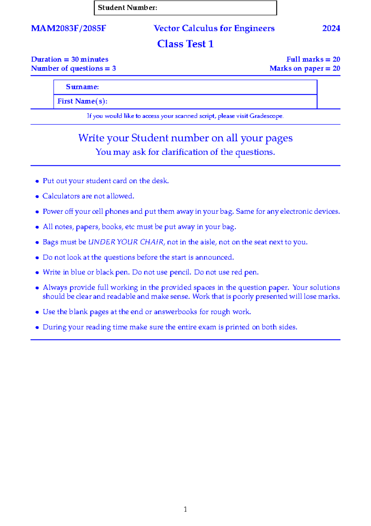 MAM2083F Test 1 2024 - past class test - Student Number: MAM2083F/2085F ...