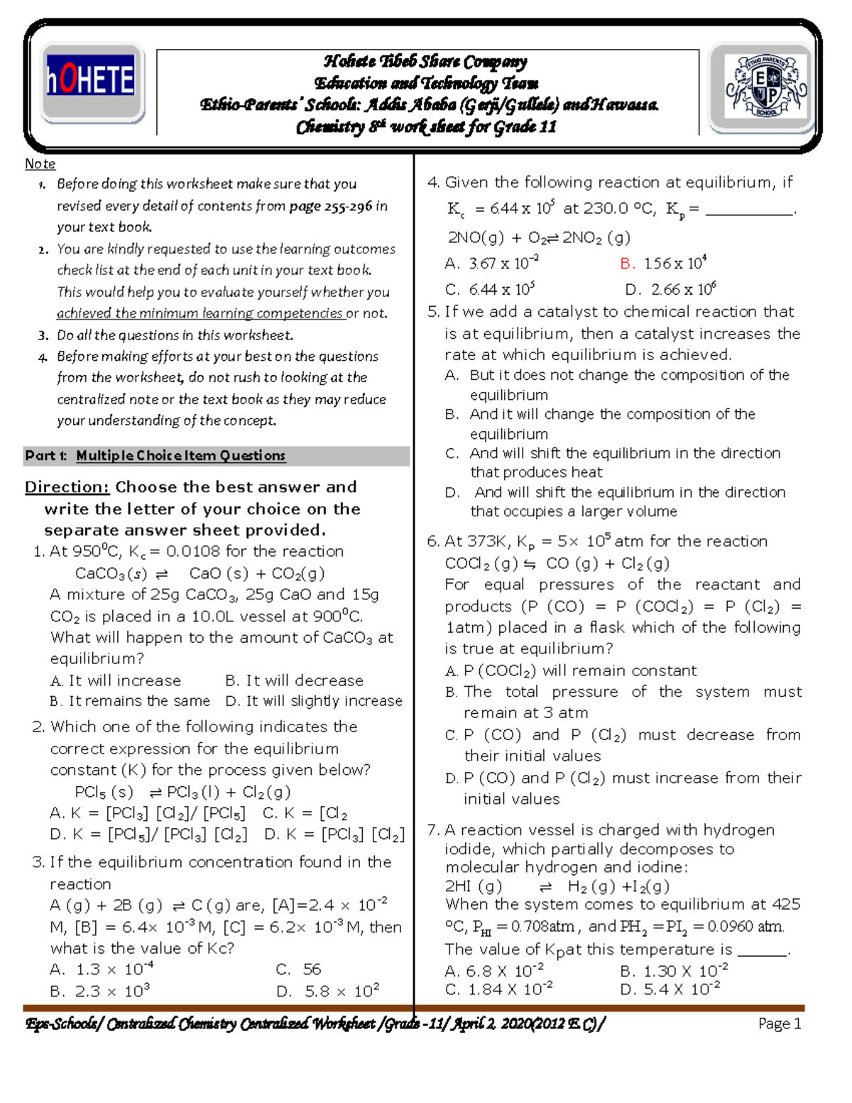 chemical equilibrium homework packet