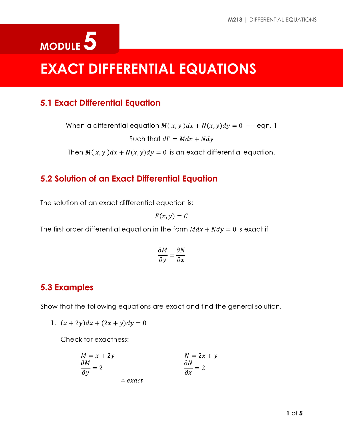 Module 5 Exact Differential Equations EXACT DIFFERENTIAL EQUATIONS 5 Exact Differential