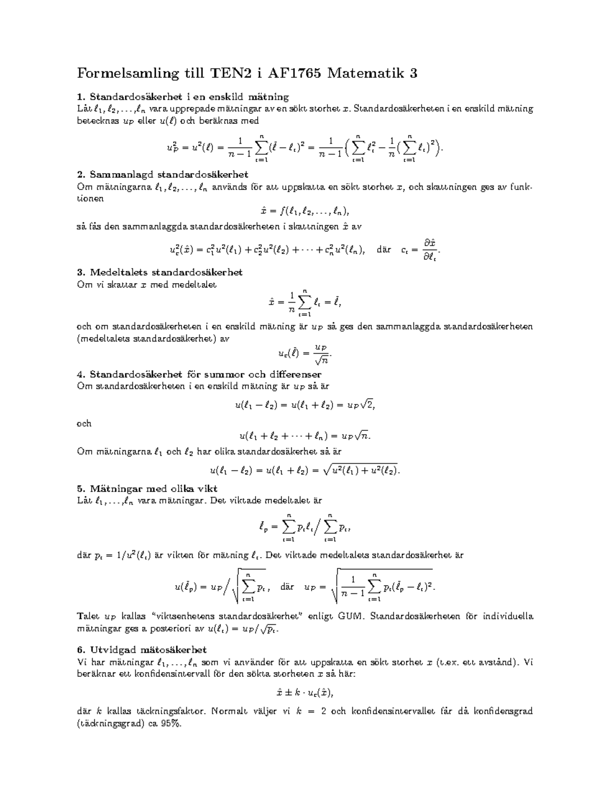 AF1765 Formelsamling TEN2 - Formelsamling Till TEN2 I AF1765 Matematik ...