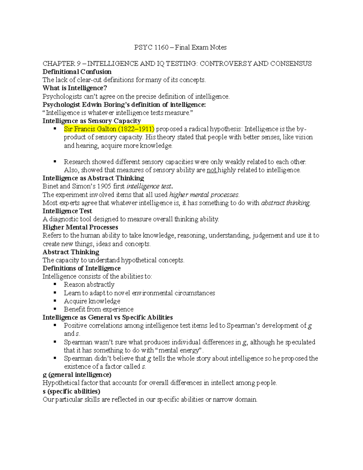 PSYC 1160 – Final Exam Notes - PSYC 1160 – Final Exam Notes CHAPTER 9 ...