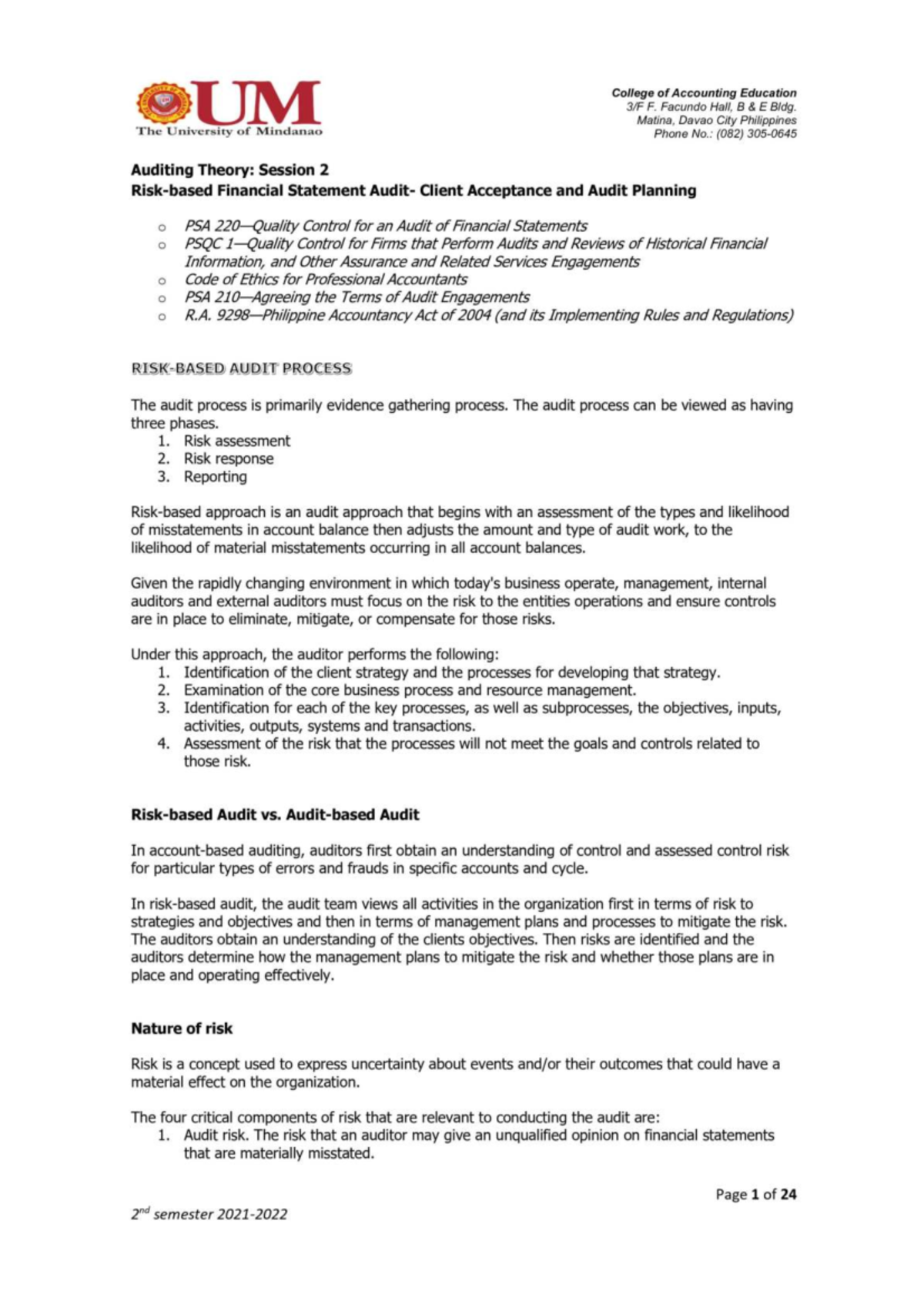 Risk Based Financial Statement Audit Client Acceptance And Audit