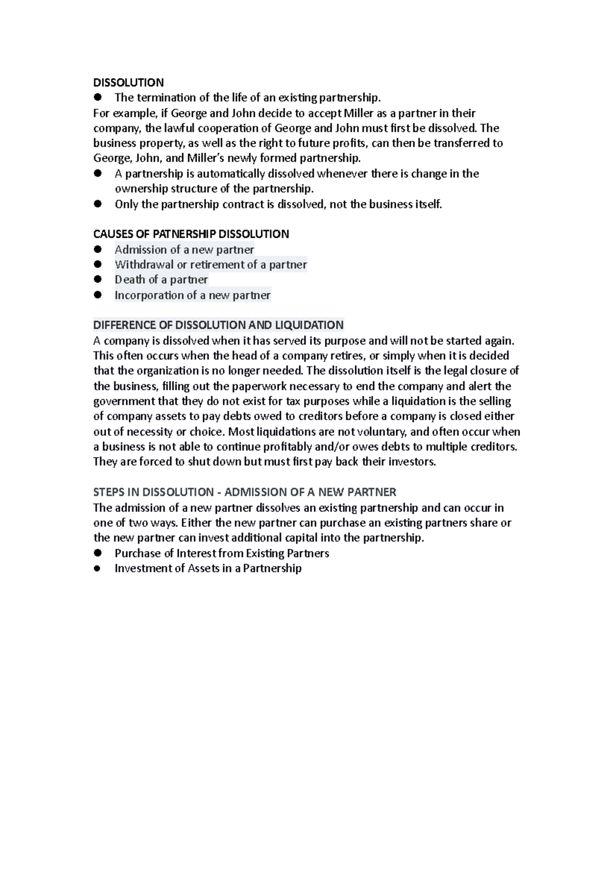 Dissolution - Lecture notes 1-100 - DISSOLUTION The termination of the ...