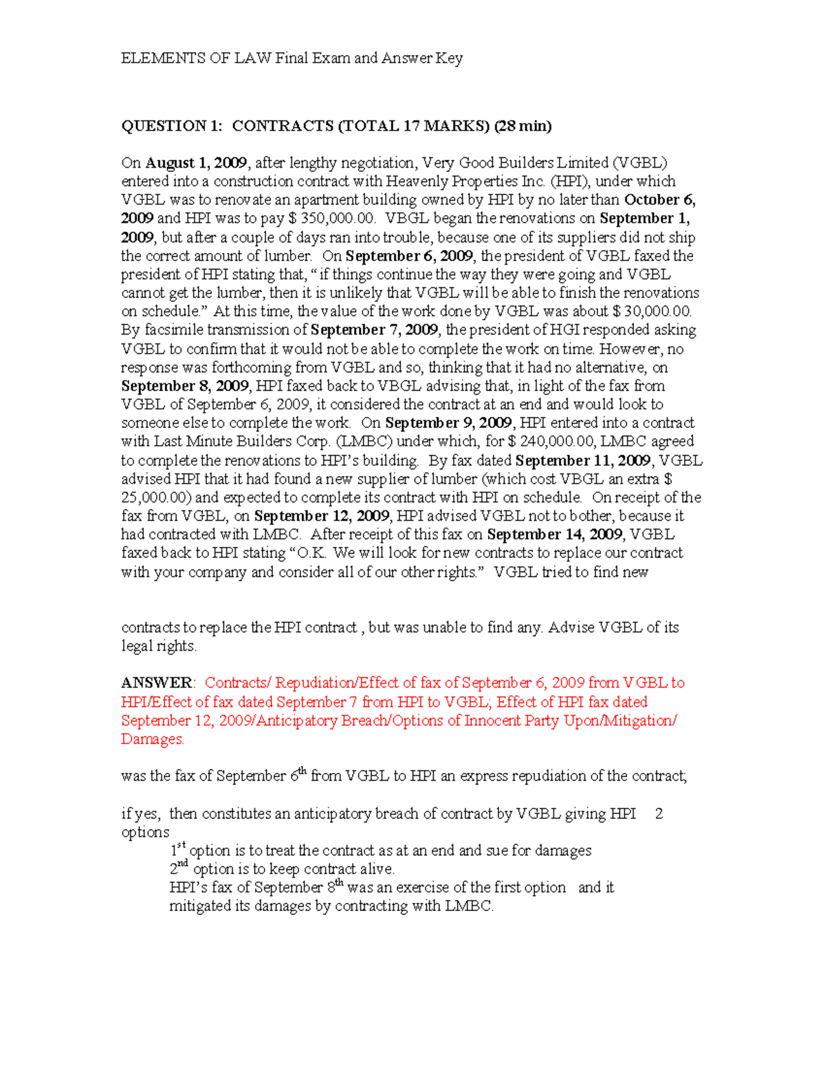 Practice exam 2013, Questions and answers ELEMENTS OF LAW Final Exam