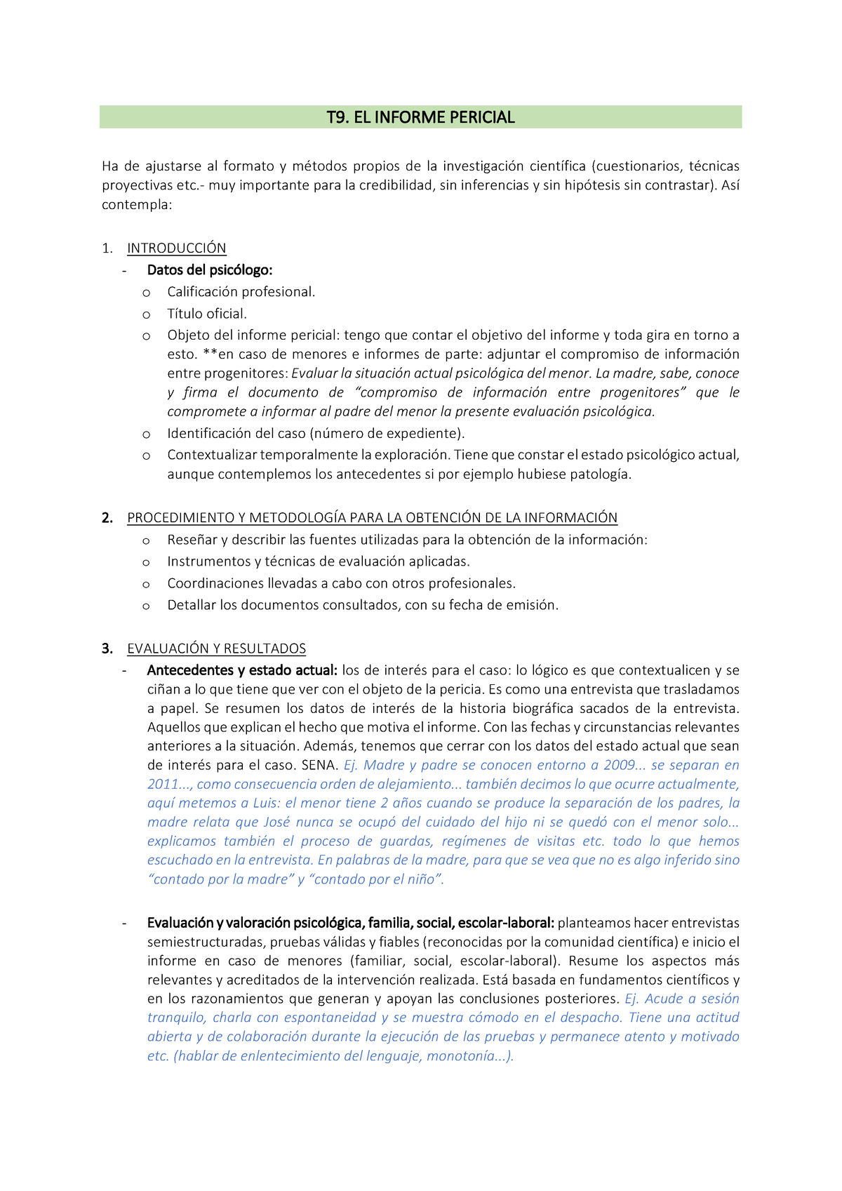 T9 Menores Informe - Apuntes - T 9. EL INFORME PERICIAL Ha De Ajustarse ...