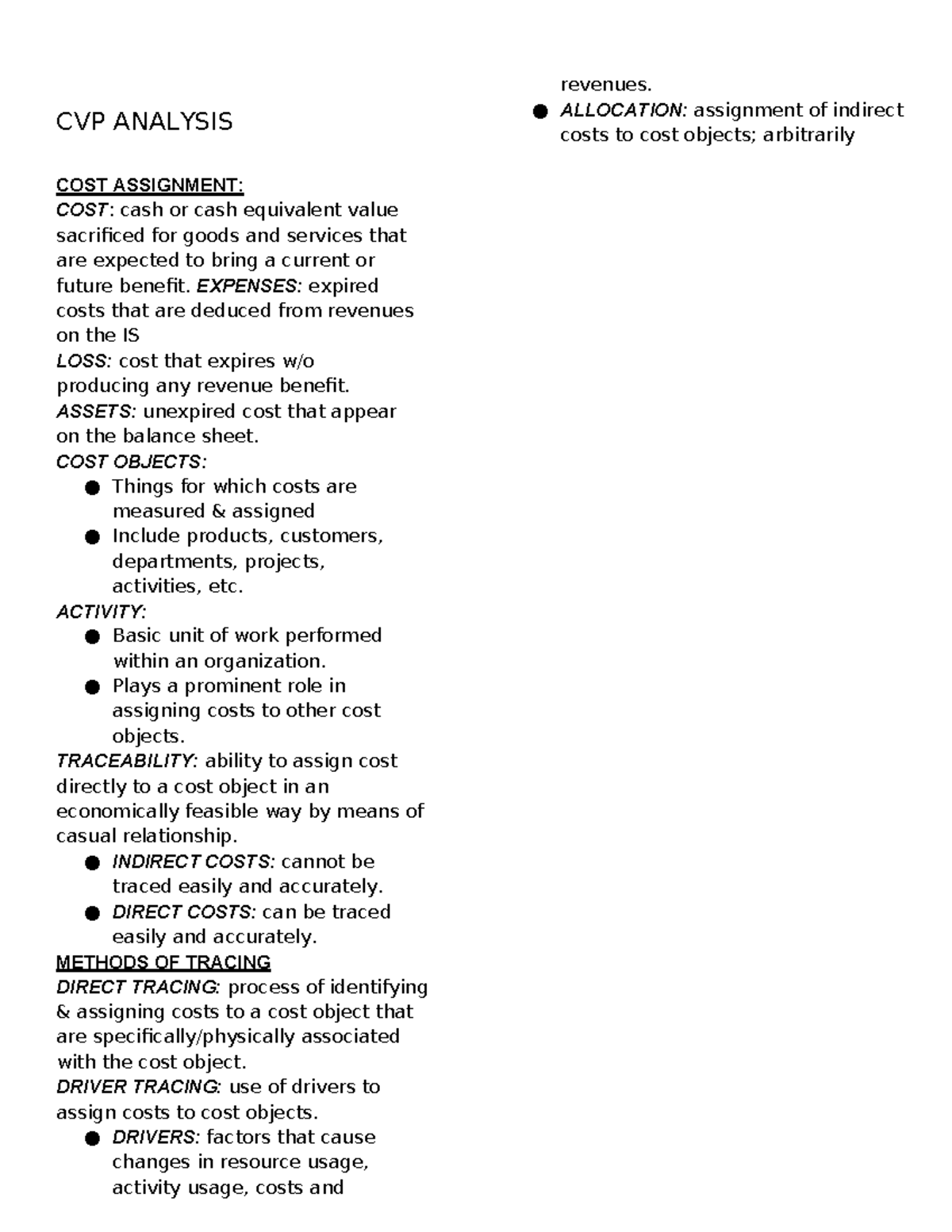 Strat - NOTES - CVP ANALYSIS COST ASSIGNMENT: COST: cash or cash ...