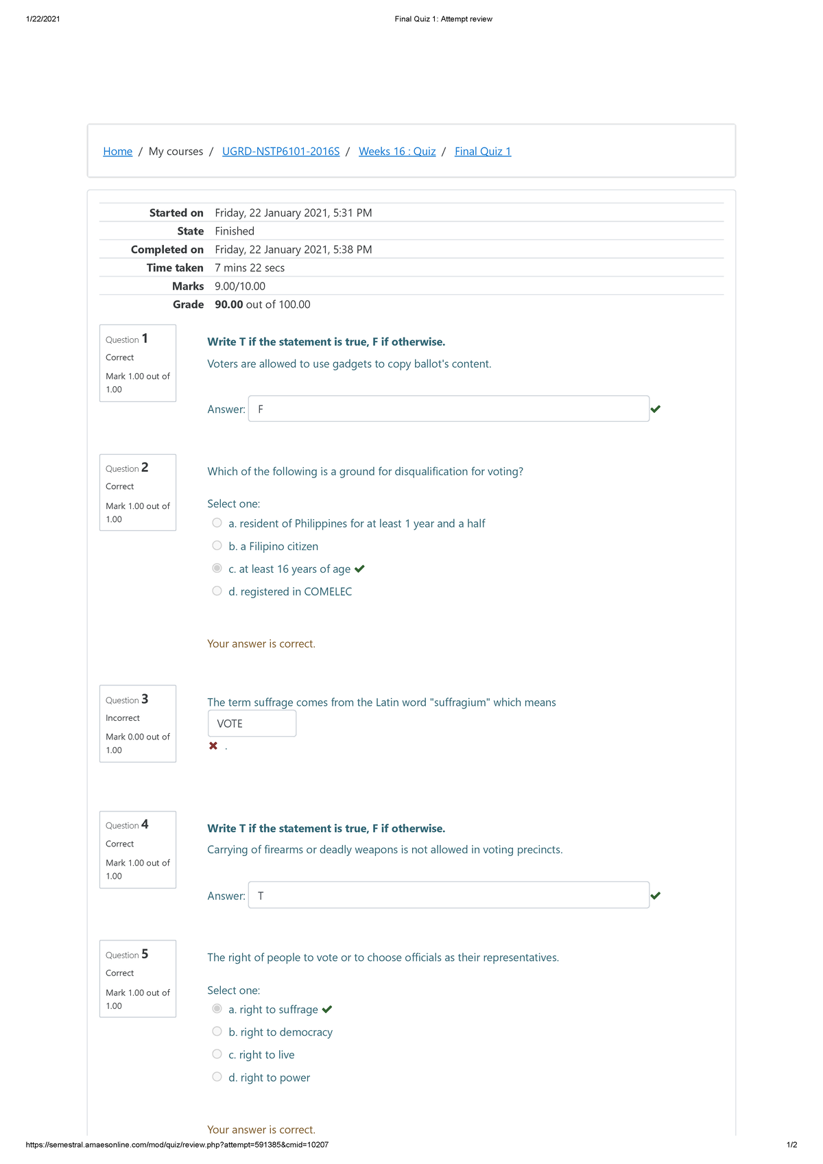 Final Quiz 1 NSTP - 1/22/2021 Final Quiz 1: Attempt Review - Studocu