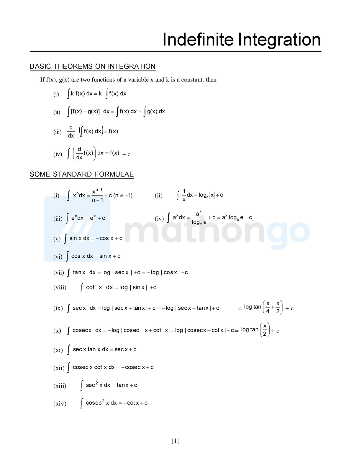 Indefinite Integration Formula Sheet For Summary Indefinite Integration Basic Theorems On 4688