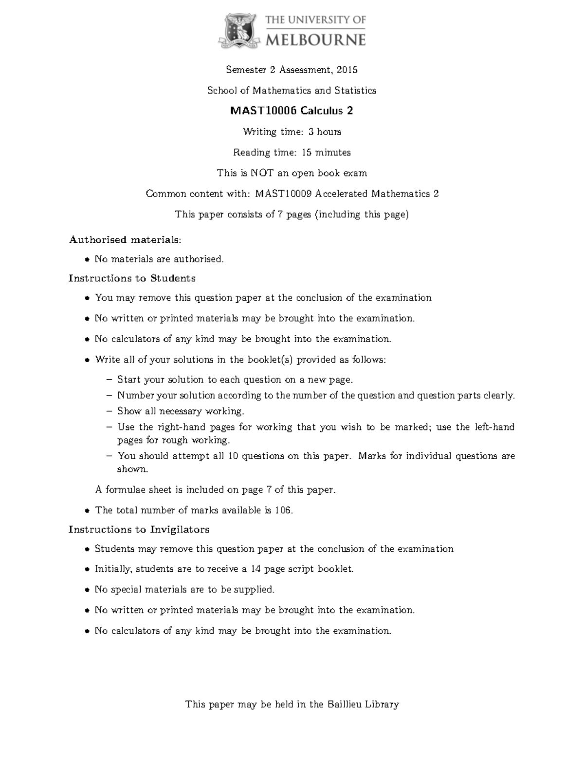 Exam 2015, questions - ! Semester 2 Assessment, 2015 School of ...