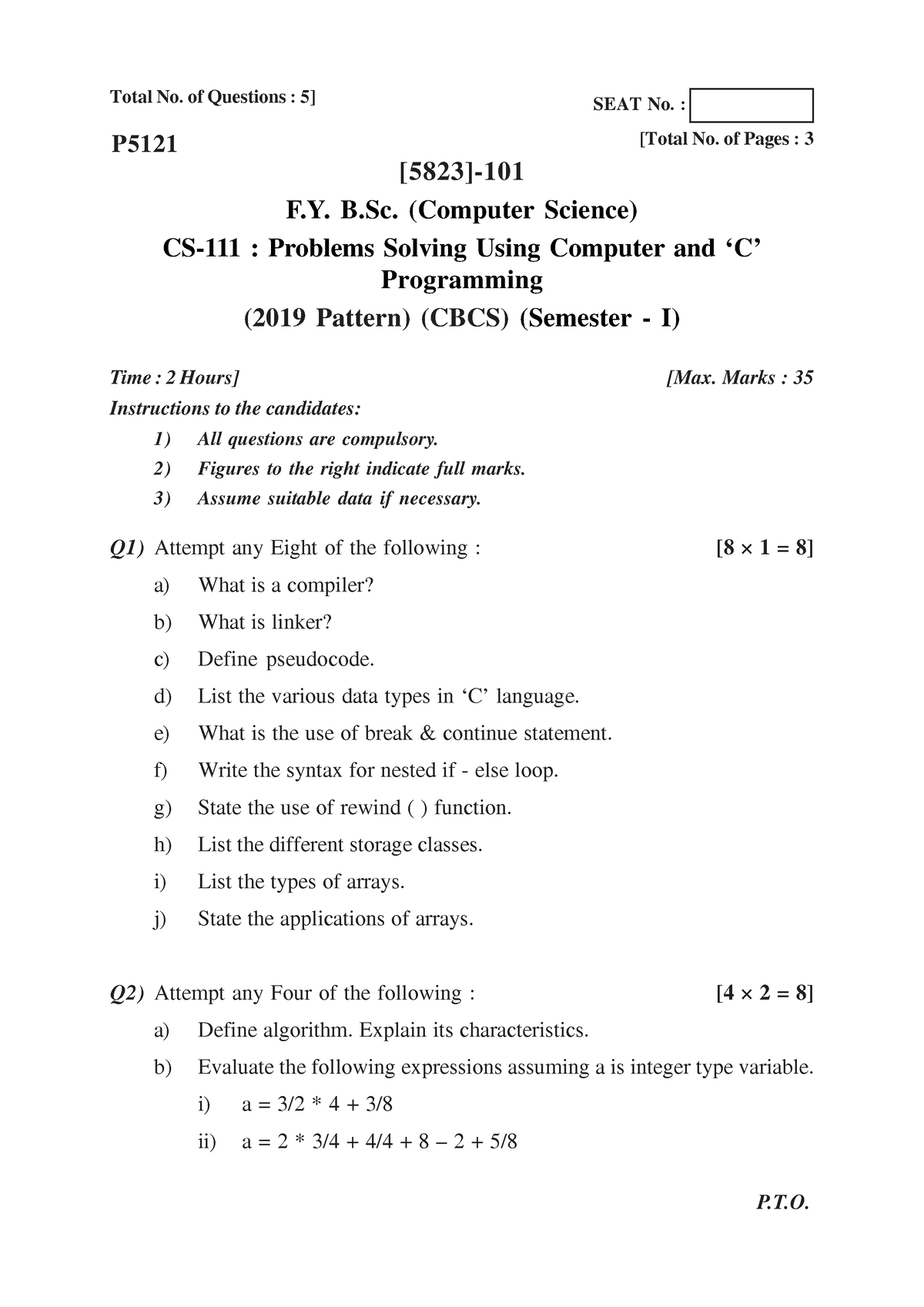 B.SC ( Computer Science ) 2019 Pattern - Q1) Attempt Any Eight Of The ...